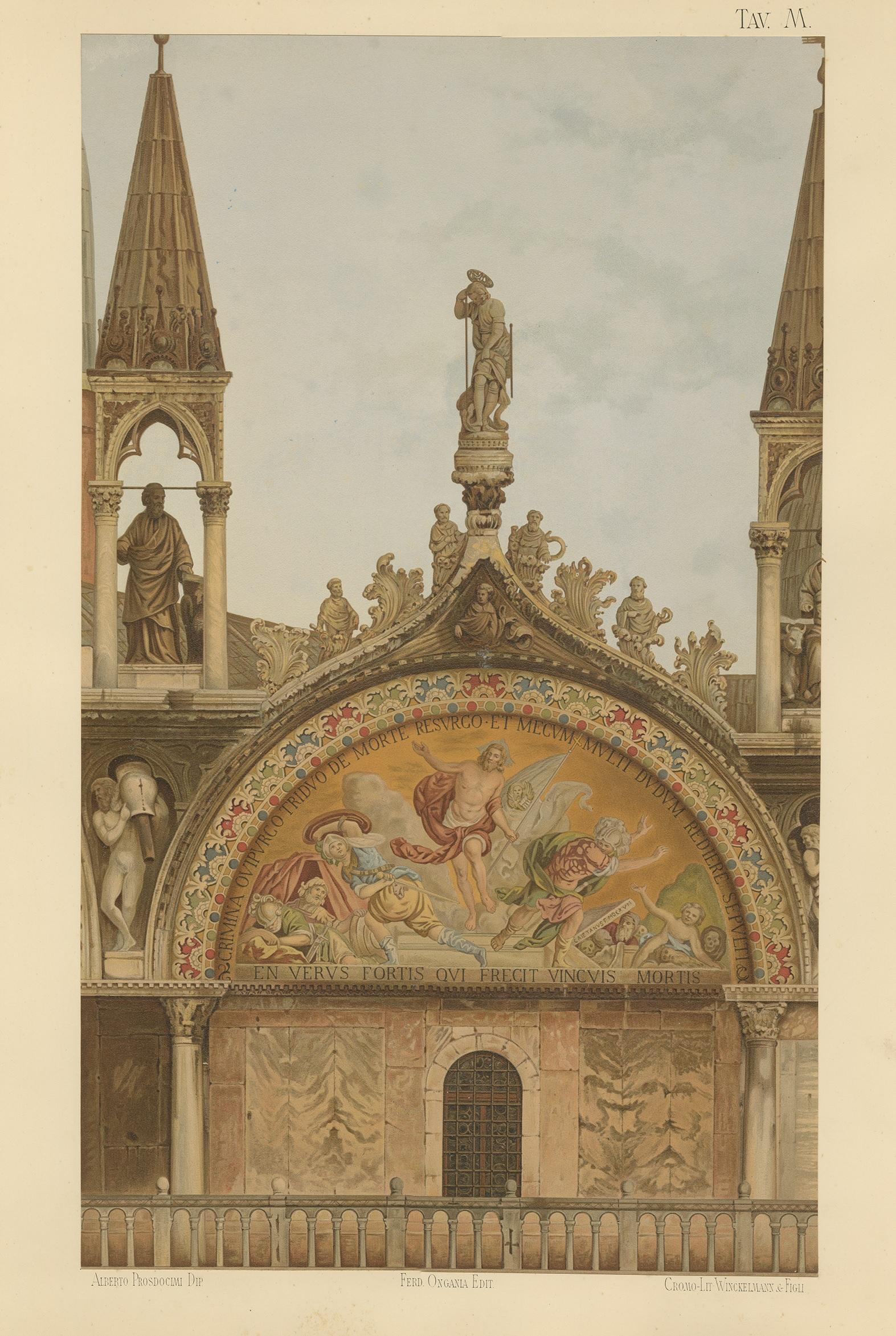 Large chromolithograph of the upper part of the portal of San Clemente of the Basilica of San Marco, Venice, Italy. This print originates from 'Basilica di San Marco in Venezia' by Ferdinando Ongania. Published 1881.