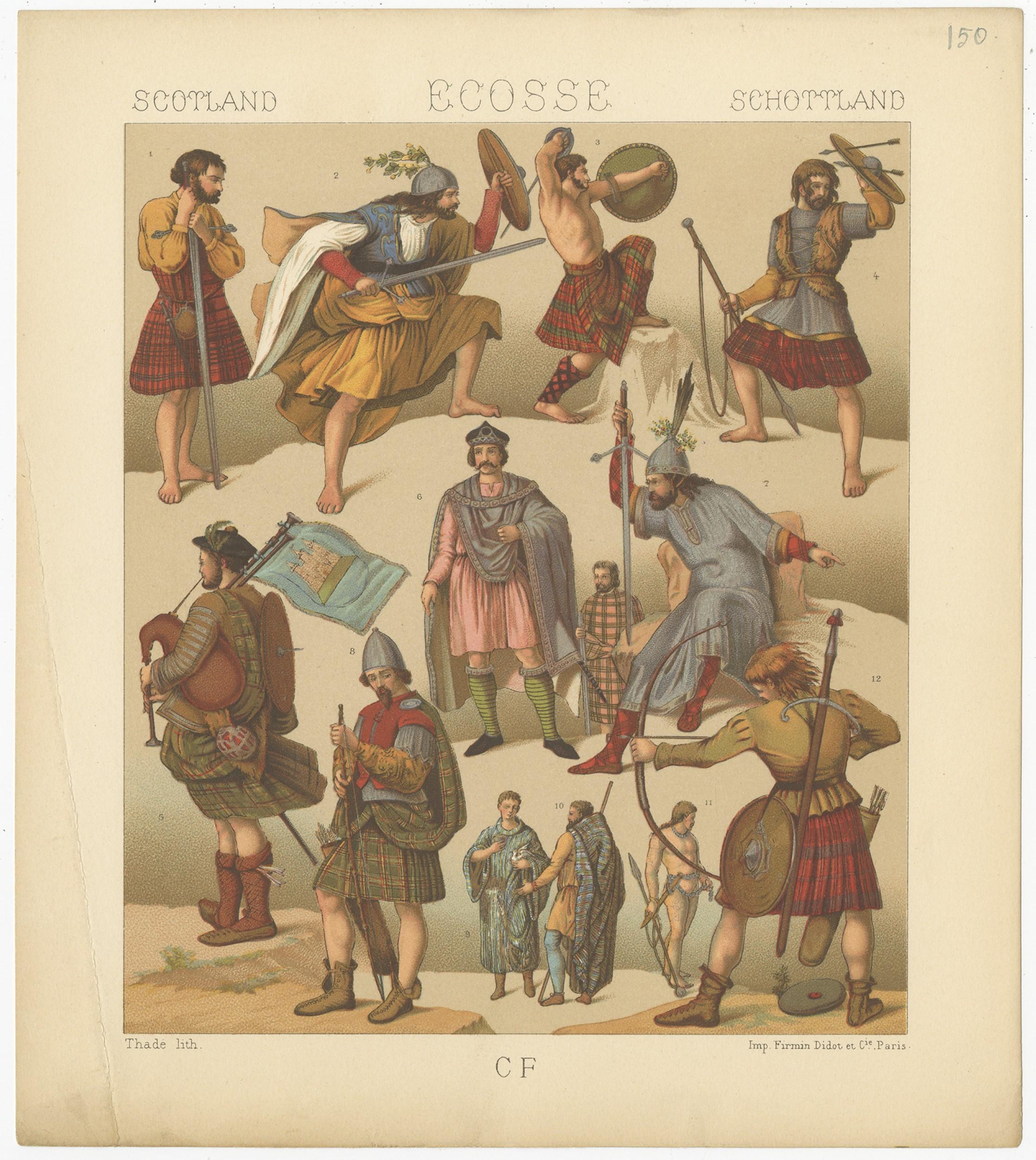 Antique print titled 'Scotland - Ecosse - Schottland'. Chromolithograph of Scottish Military Outfits. This print originates from 'Le Costume Historique' by M.A. Racinet. Published, circa 1880.
 
  