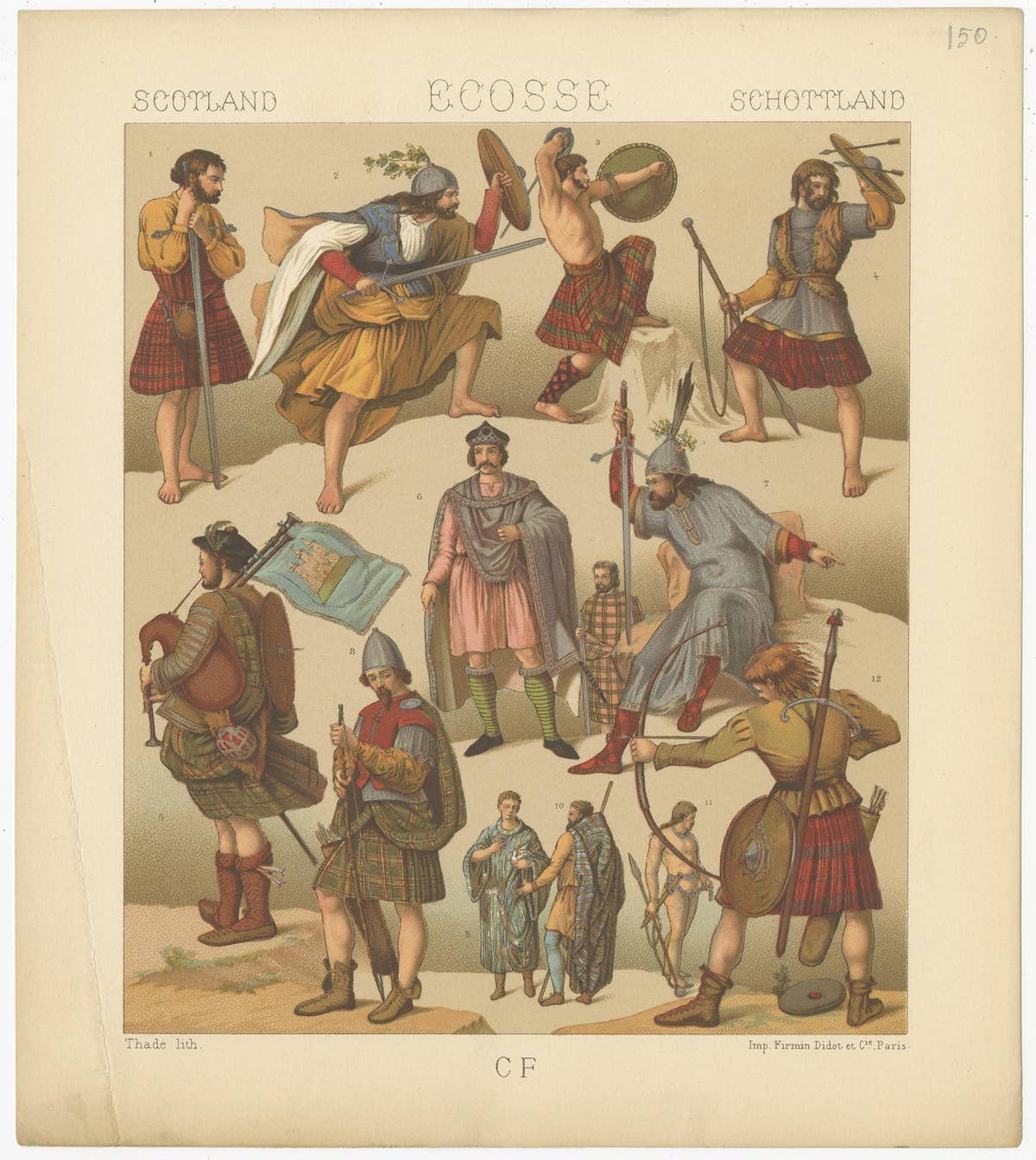 Pl. 150 Antique Print of Scottish Military Outfits by Racinet, 'circa 1880'