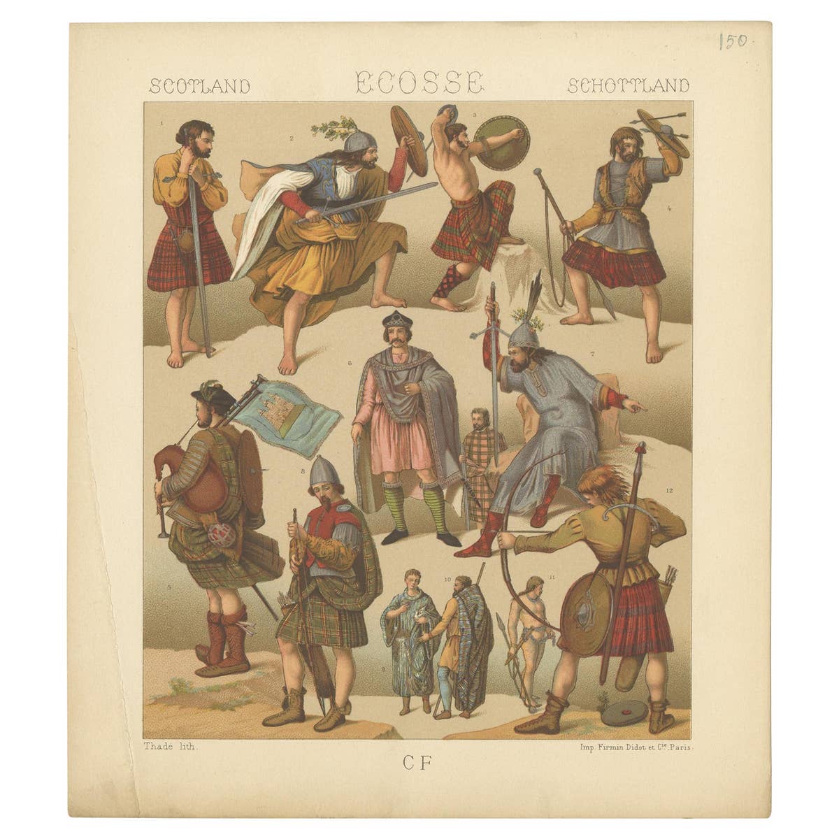 Pl. 150 Antique Print of Scottish Military Outfits by Racinet, 'circa 1880'