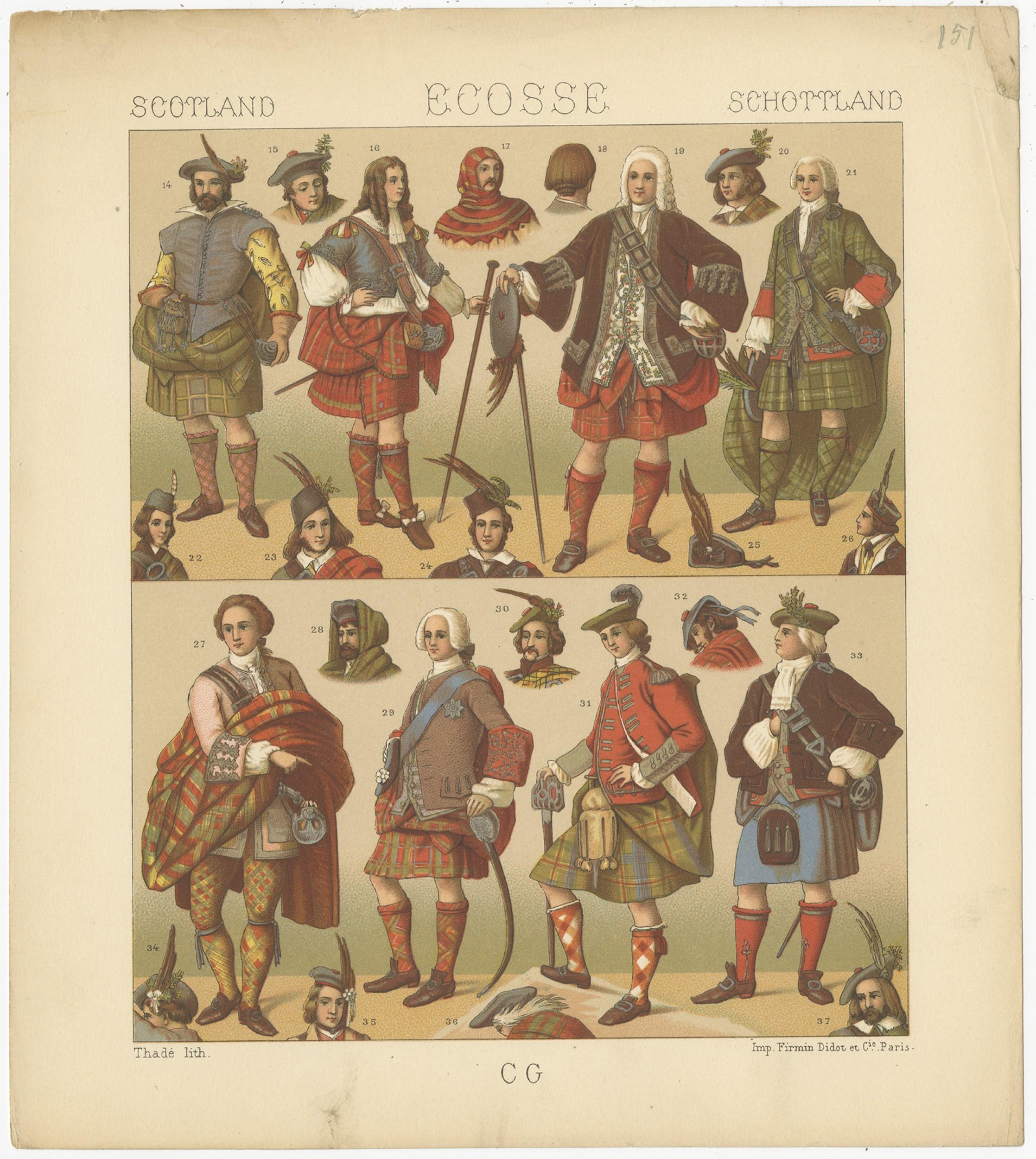 Antique print titled 'Scotland - Ecosse - Schottland'. Chromolithograph of Scottish Men Outfits. This print originates from 'Le Costume Historique' by M.A. Racinet. Published, circa 1880.
 
 
