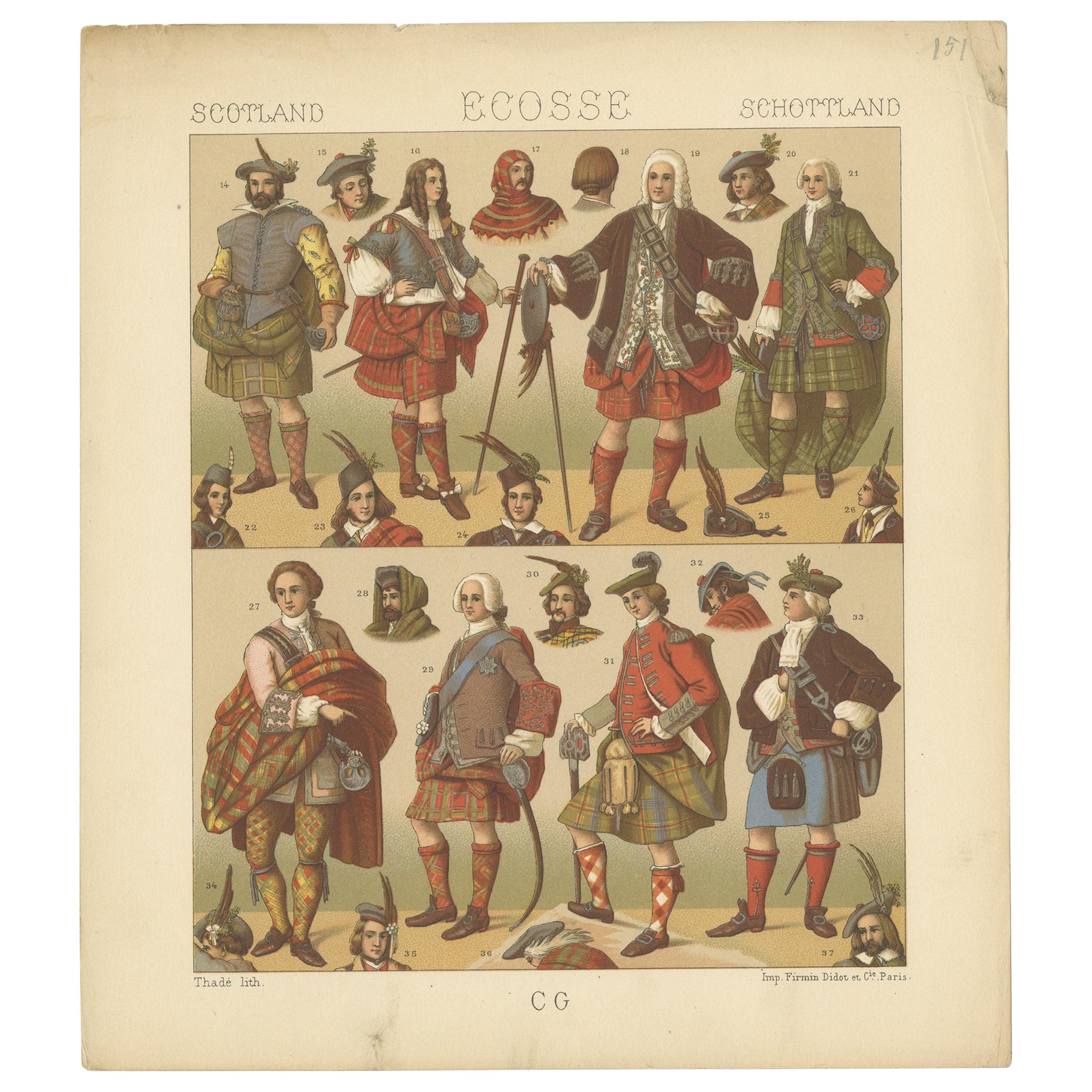 Pl. 151 Antique Print of Scottish Men Outfits by Racinet, 'circa 1880' For Sale