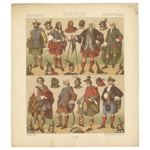 Pl. 151 Antique Print of Scottish Men Outfits by Racinet, 'circa 1880'