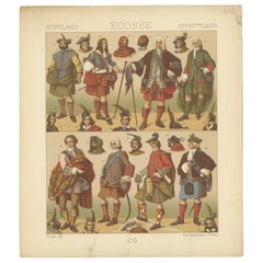 Pl. 151 Antique Print of Scottish Men Outfits by Racinet, 'circa 1880'