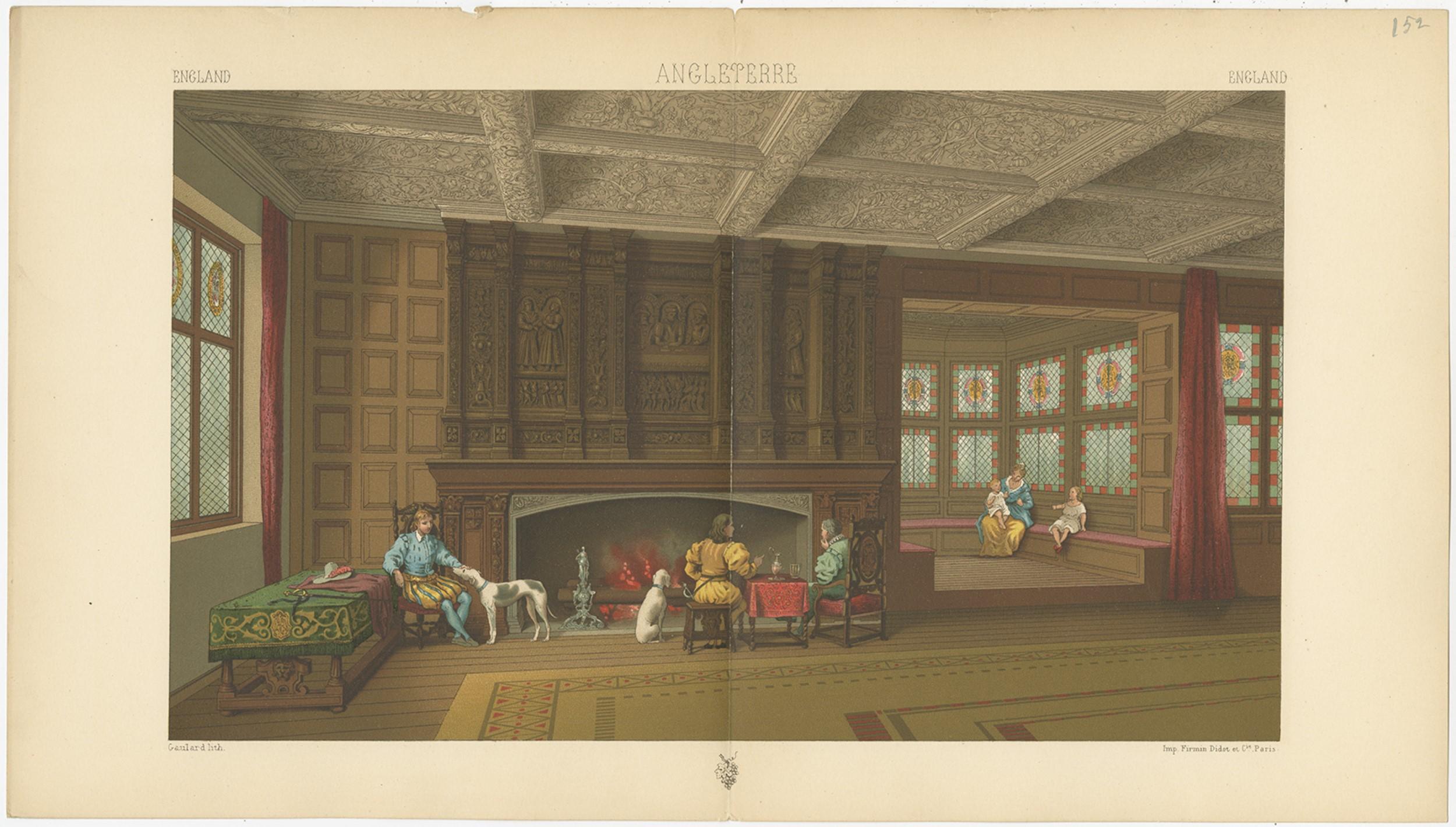 Antique print titled 'England - Angleterre - England'. Chromolithograph of English Fireplace Room. This print originates from 'Le Costume Historique' by M.A. Racinet. Published, circa 1880.

  