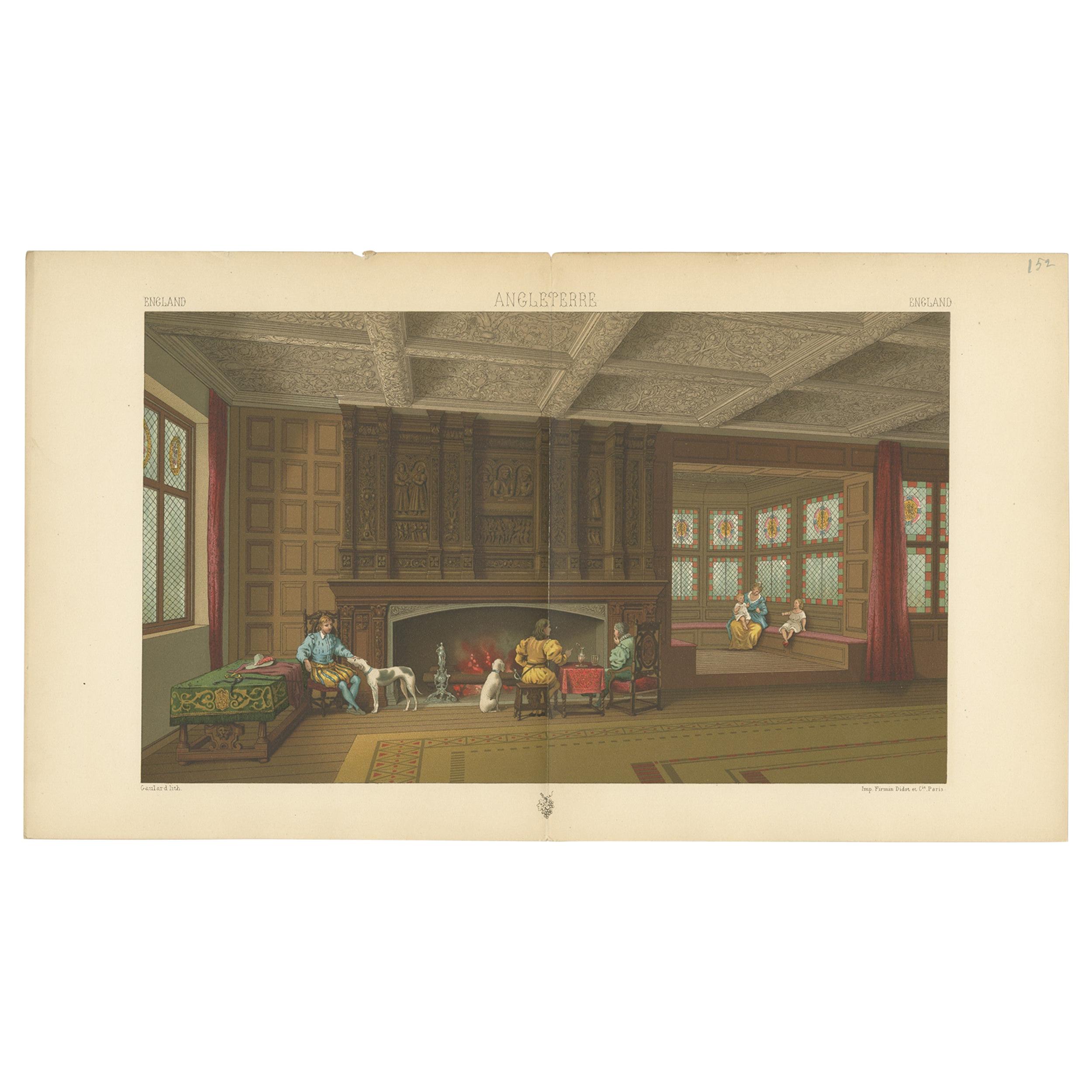 Pl. 152 Antique Print of English Fireplace Room by Racinet, 'circa 1880' For Sale
