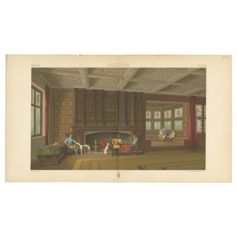 Pl. 152 Antique Print of English Fireplace Room by Racinet, 'circa 1880'