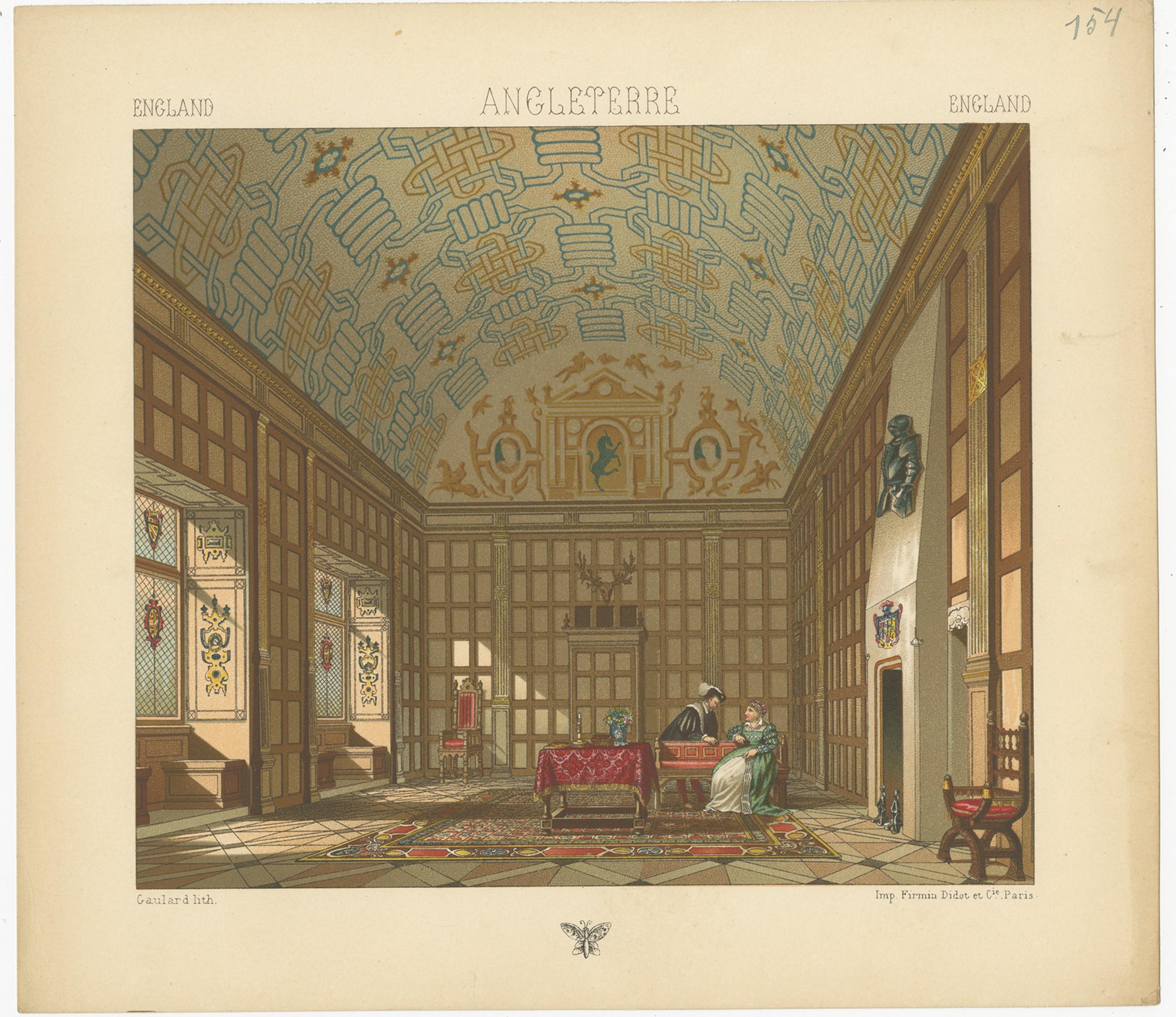 Antique print titled 'England - Angleterre - England'. Chromolithograph of English Living Room. This print originates from 'Le Costume Historique' by M.A. Racinet. Published, circa 1880.
 
 