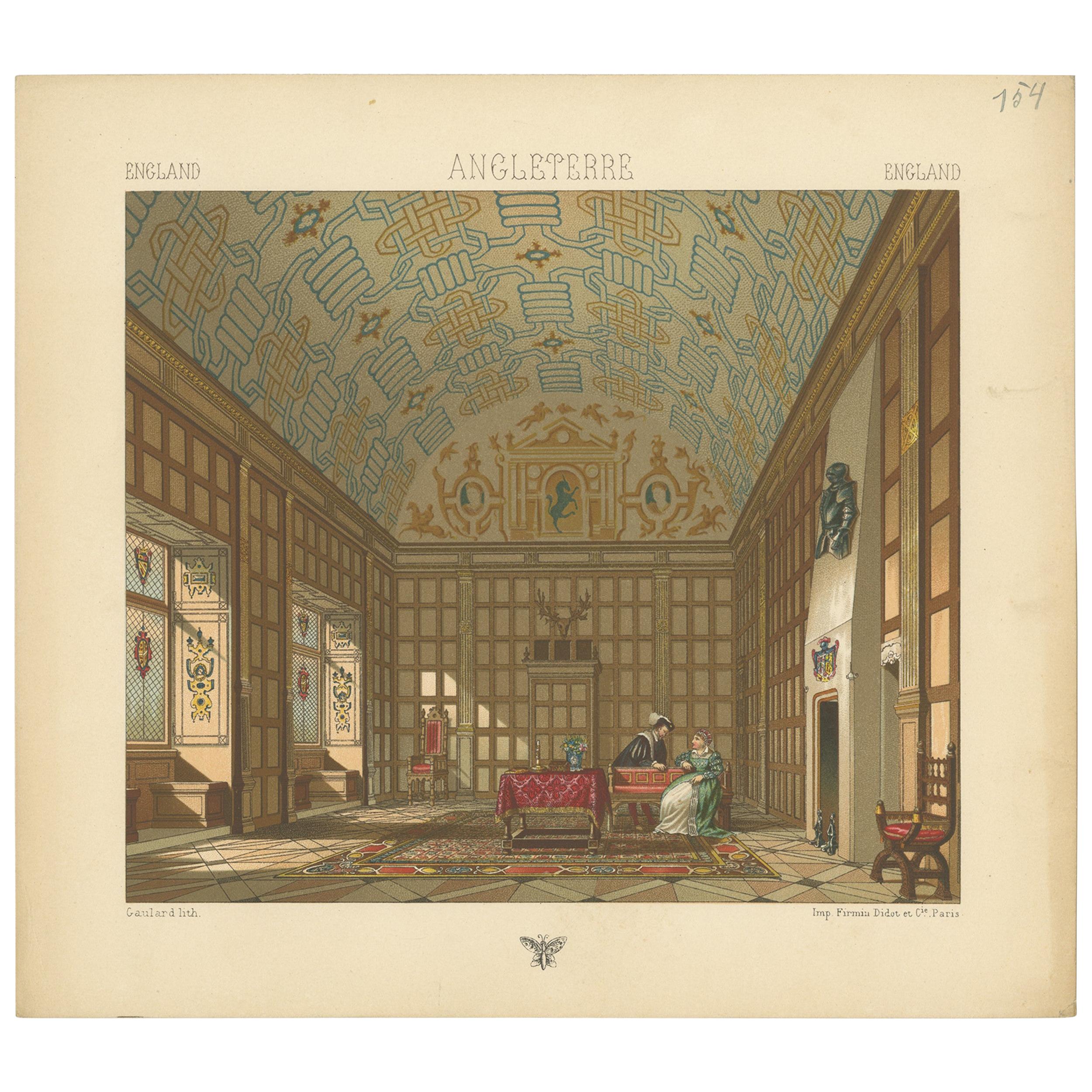 Pl. 154 Antique Print of English Living Room by Racinet, 'circa 1880'
