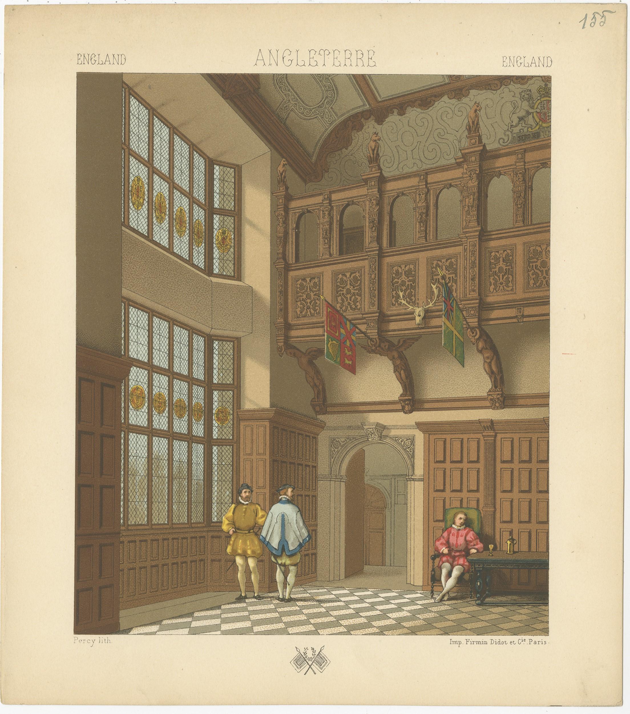 Antique print titled 'England - Angleterre - England'. Chromolithograph of English Waiting Room. This print originates from 'Le Costume Historique' by M.A. Racinet. Published, circa 1880.

  