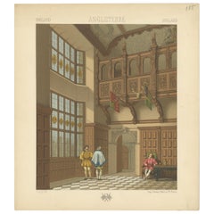 Pl. 155 Grabado antiguo de Sala de espera inglesa de Racinet, "circa 1880