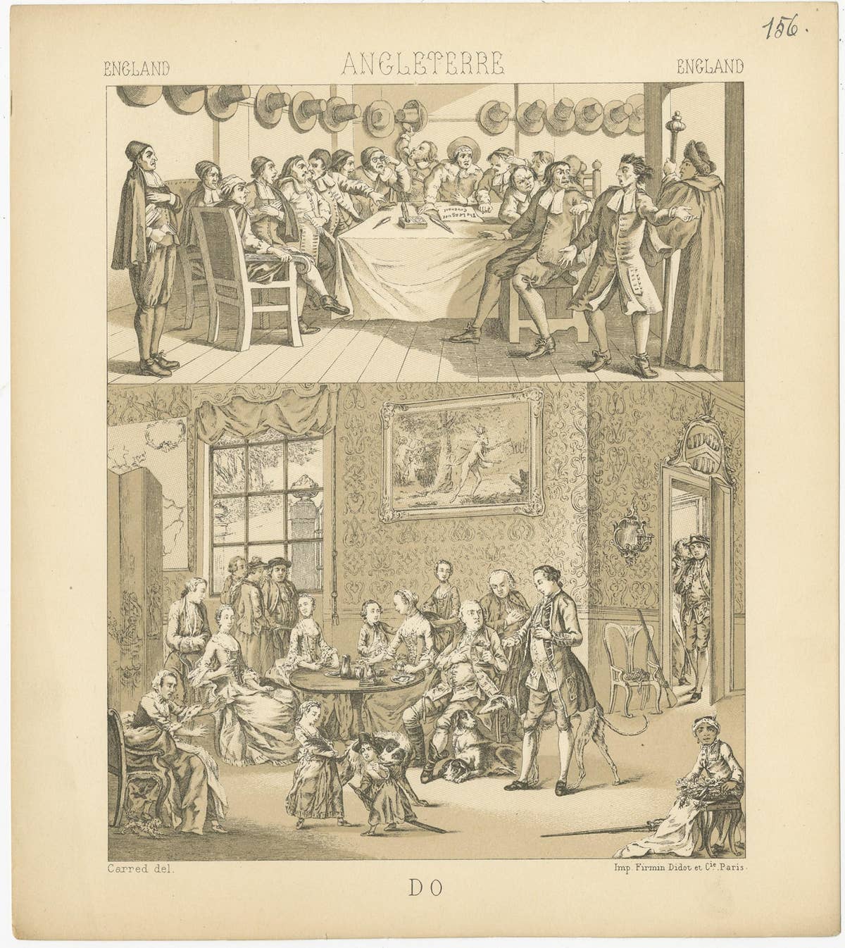 Pl. 156 Antique Print of English Scenes, Costumes by Racinet, 'circa 1880'