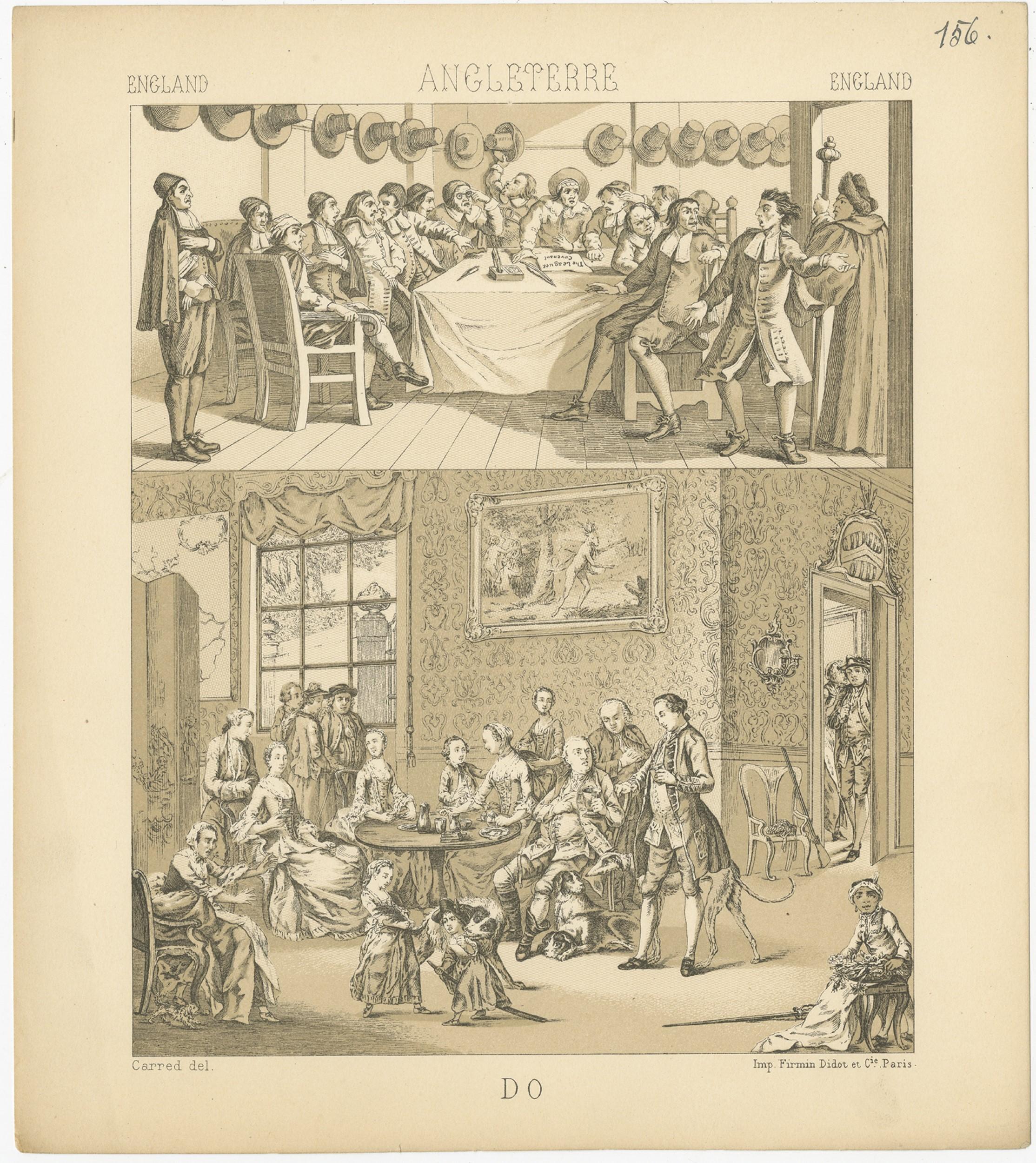 Pl. 156 Antiker Druck englischer Szenen, Kostüme von Racinet, um 1880 im Zustand „Gut“ im Angebot in Langweer, NL