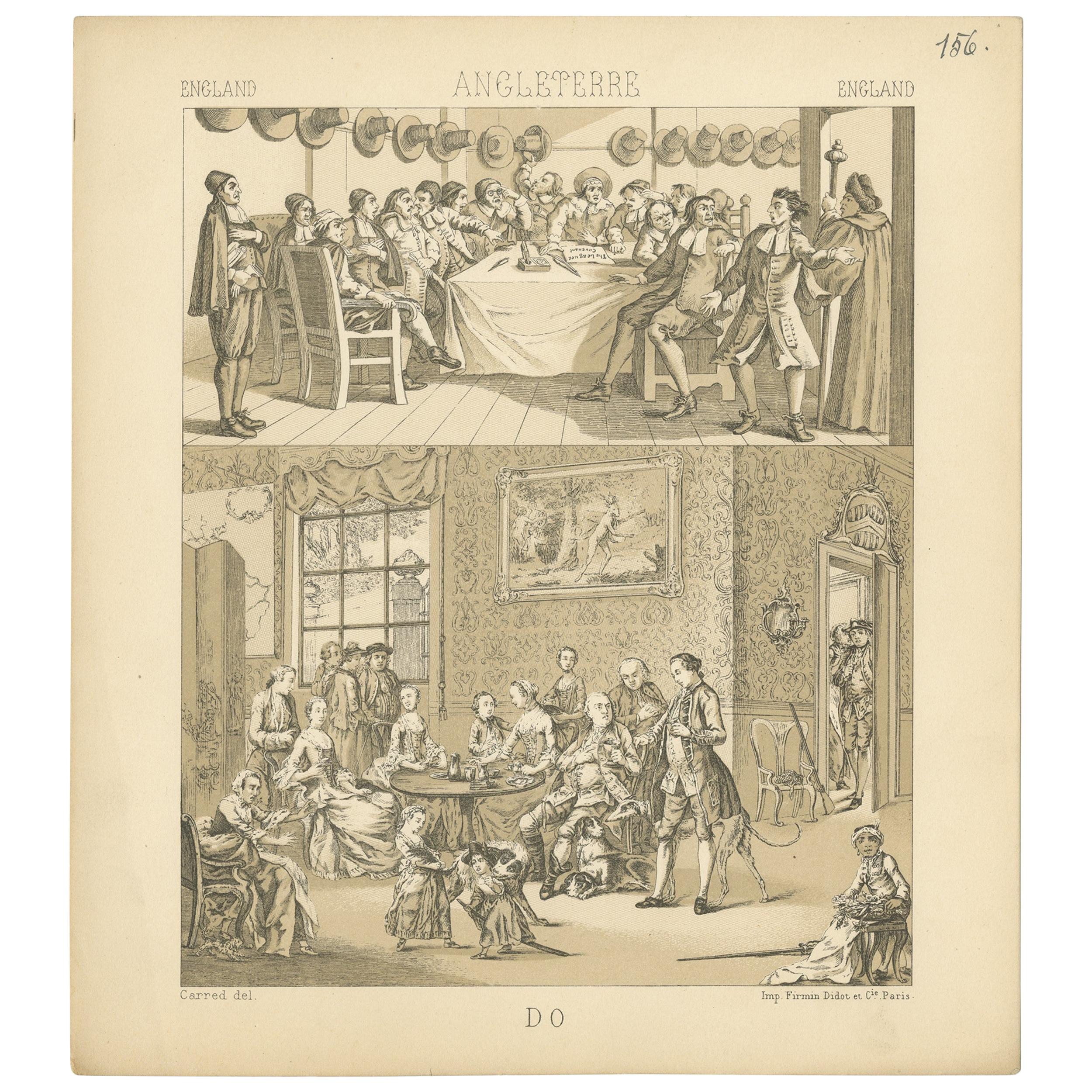 Pl. 156 Antique Print of English Scenes, Costumes by Racinet, 'circa 1880' For Sale