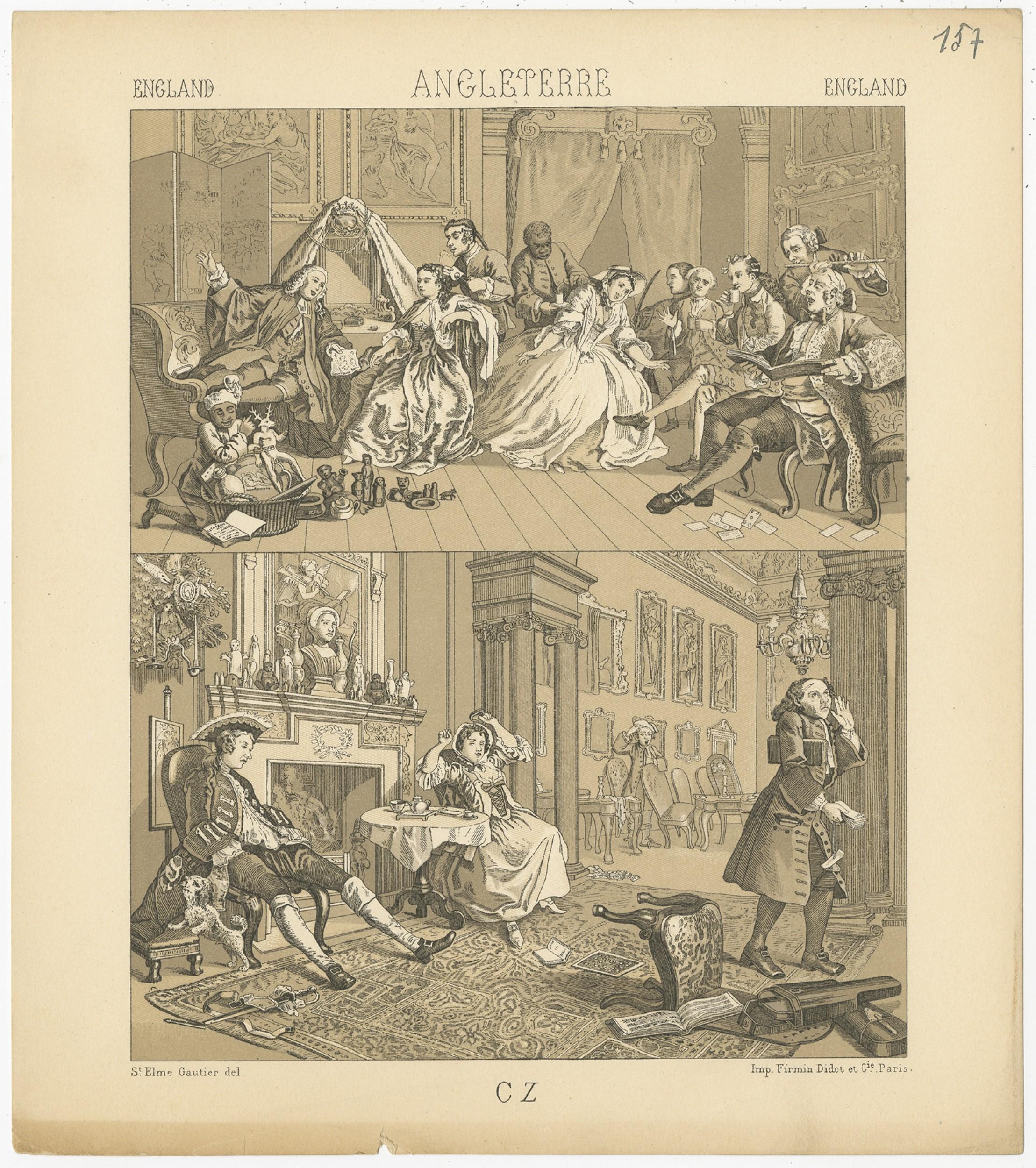 Pl. 157 Antique Print of English Scenes, Costumes by Racinet, 'circa 1880' In Good Condition For Sale In Langweer, NL