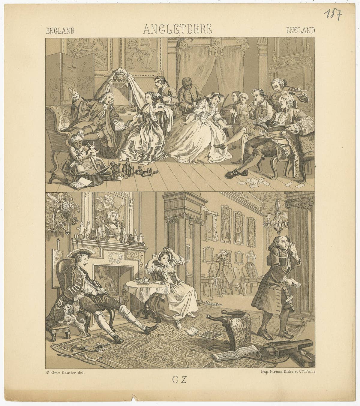 Pl. 157 Antique Print of English Scenes, Costumes by Racinet, 'circa 1880'