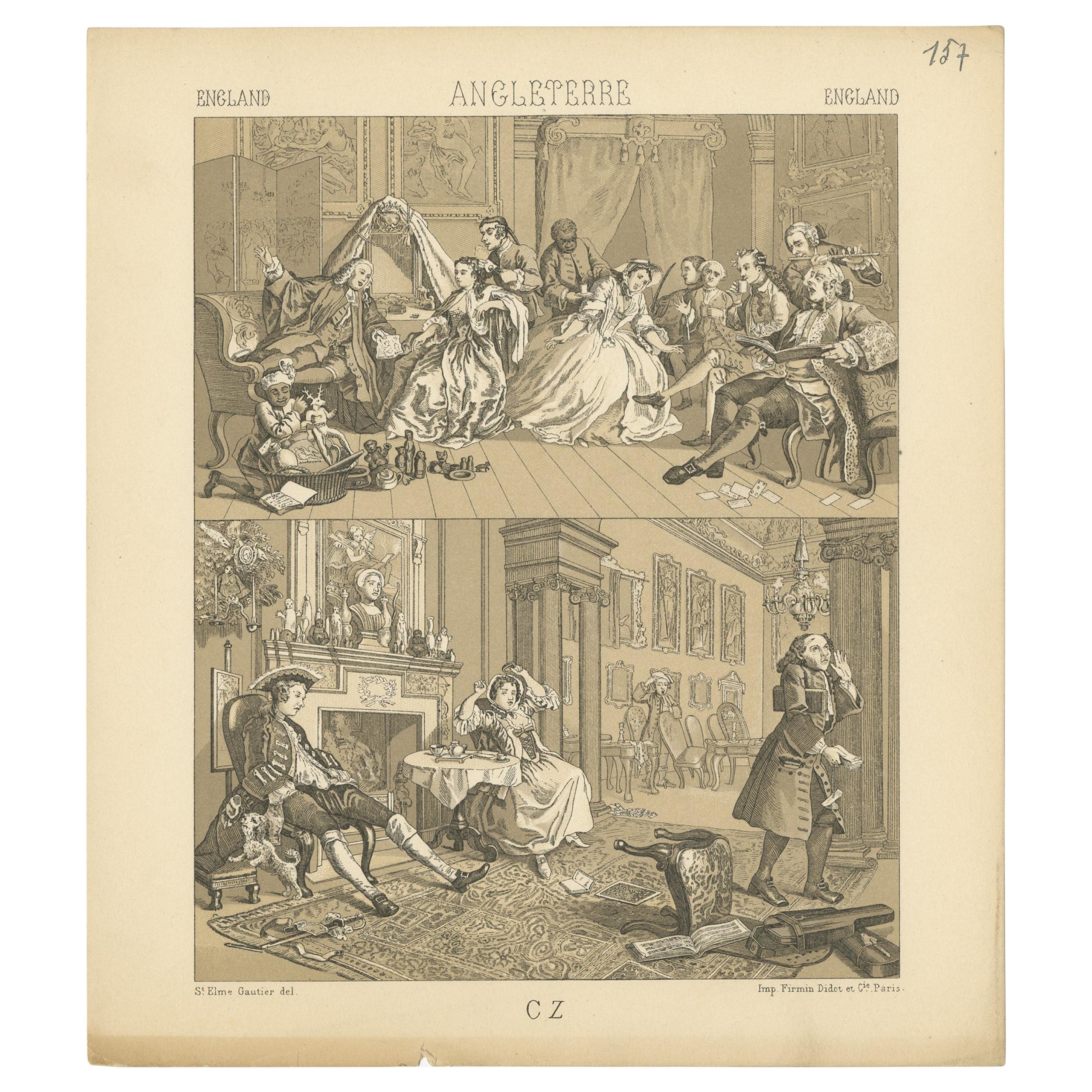 Pl. 157 Antiker Druck von englischen Szenen, Kostüme von Racinet, 'circa 1880'.