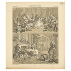 Pl. 157 Antique Print of English Scenes, Costumes by Racinet, 'circa 1880'