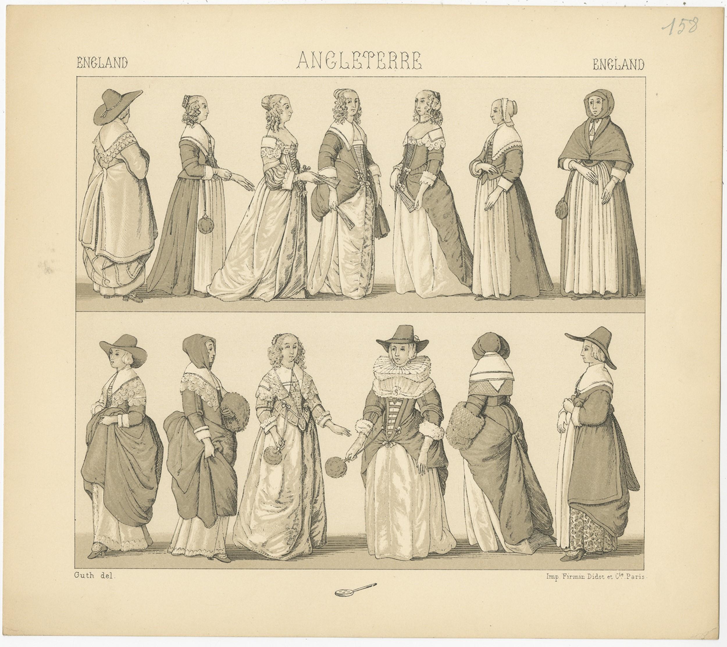 Antique print titled 'England - Angleterre - England'. Chromolithograph of English Dresses. This print originates from 'Le Costume Historique' by M.A. Racinet. Published, circa 1880.

  