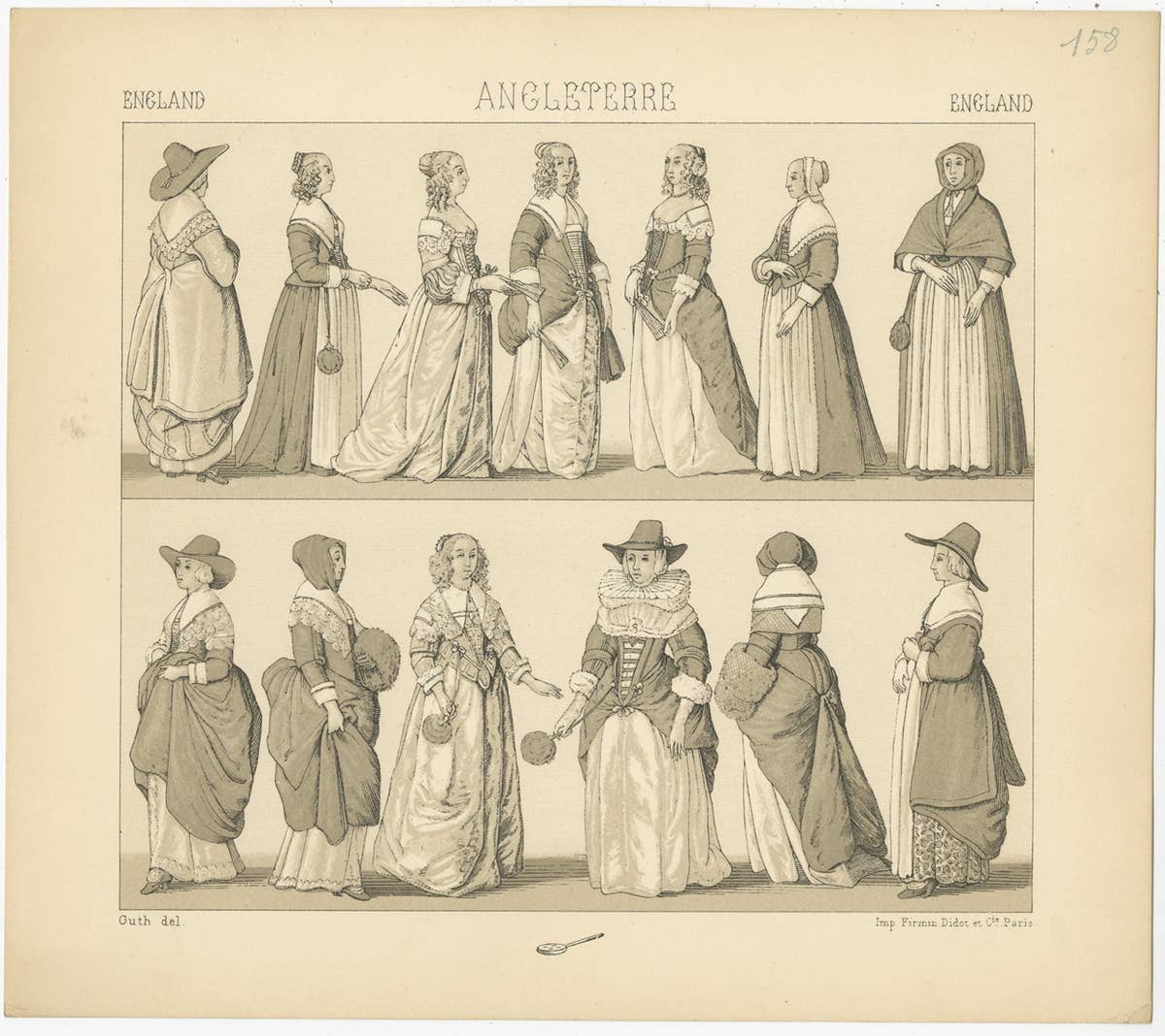 Pl. 158 Antique Print of English Dresses by Racinet, 'circa 1880'
