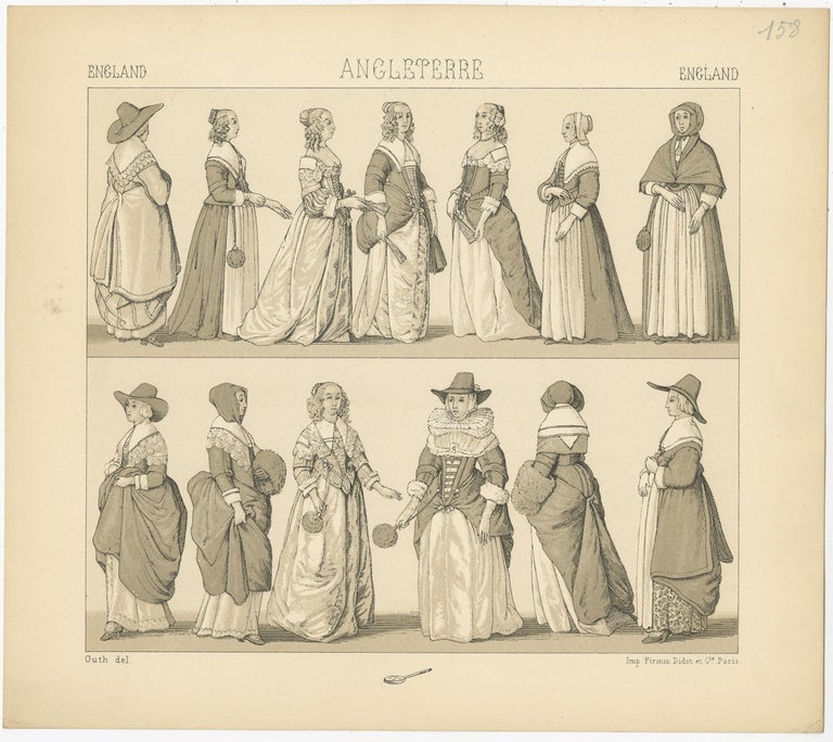 158 Antique Print of English Dresses by Racinet, 'circa 1880