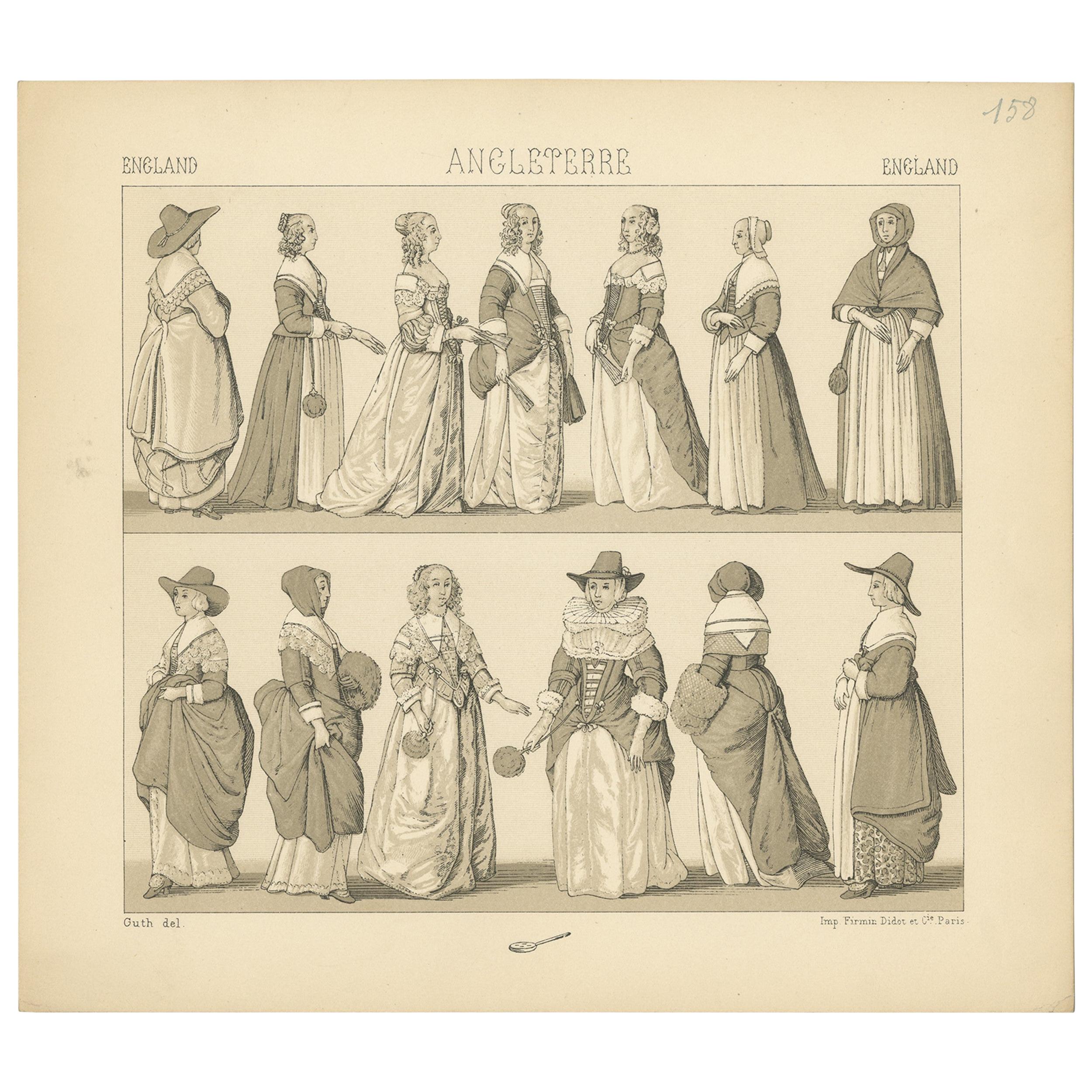 Pl. 158 Antique Print of English Dresses by Racinet, 'circa 1880'