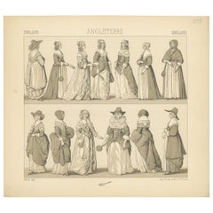 Pl. 158 Antique Print of English Dresses by Racinet, 'circa 1880'