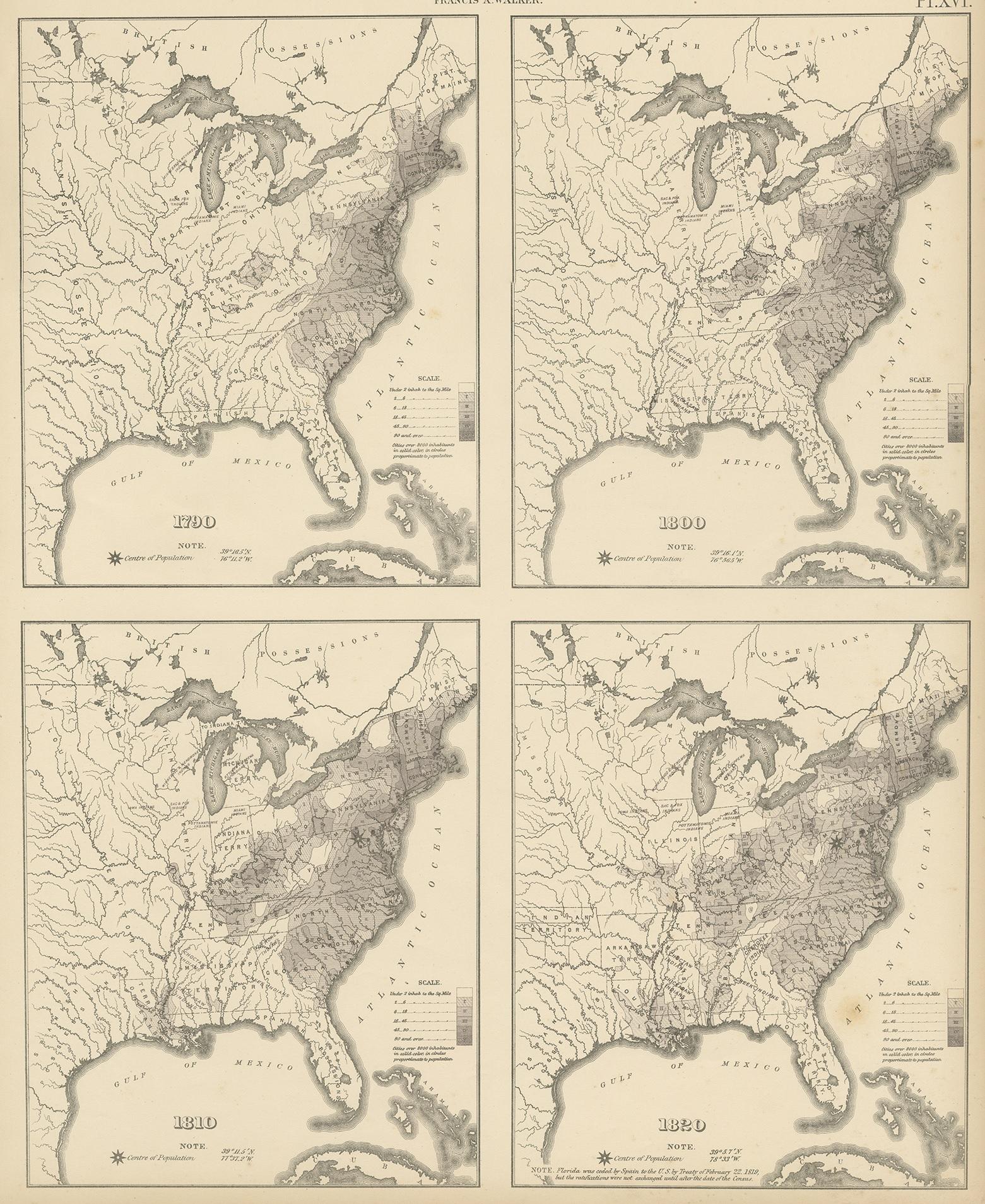 Antique chart titled 'The progress of the nation, 1790-1820. Maps showing in five degrees of density the distribution within the territory east of the 100th meridian of the population of the United States, excluding Indians not taxed'. Chart of the