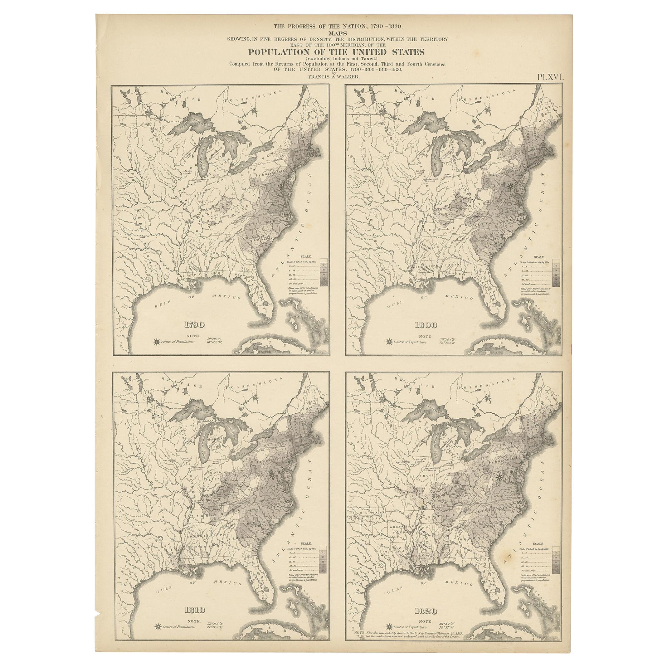 Pl. 16 Antique Chart of the US Population 1790-1820 by Walker, '1874' For Sale
