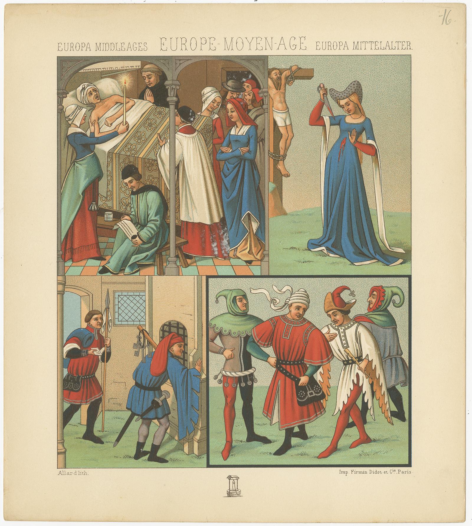 Antique print titled 'Europa Middle Ages - Europe Moyen Age - Europa Mittelalter'. Chromolithograph of European Scenes. This print originates from 'Le Costume Historique' by M.A. Racinet. Published, circa 1880.