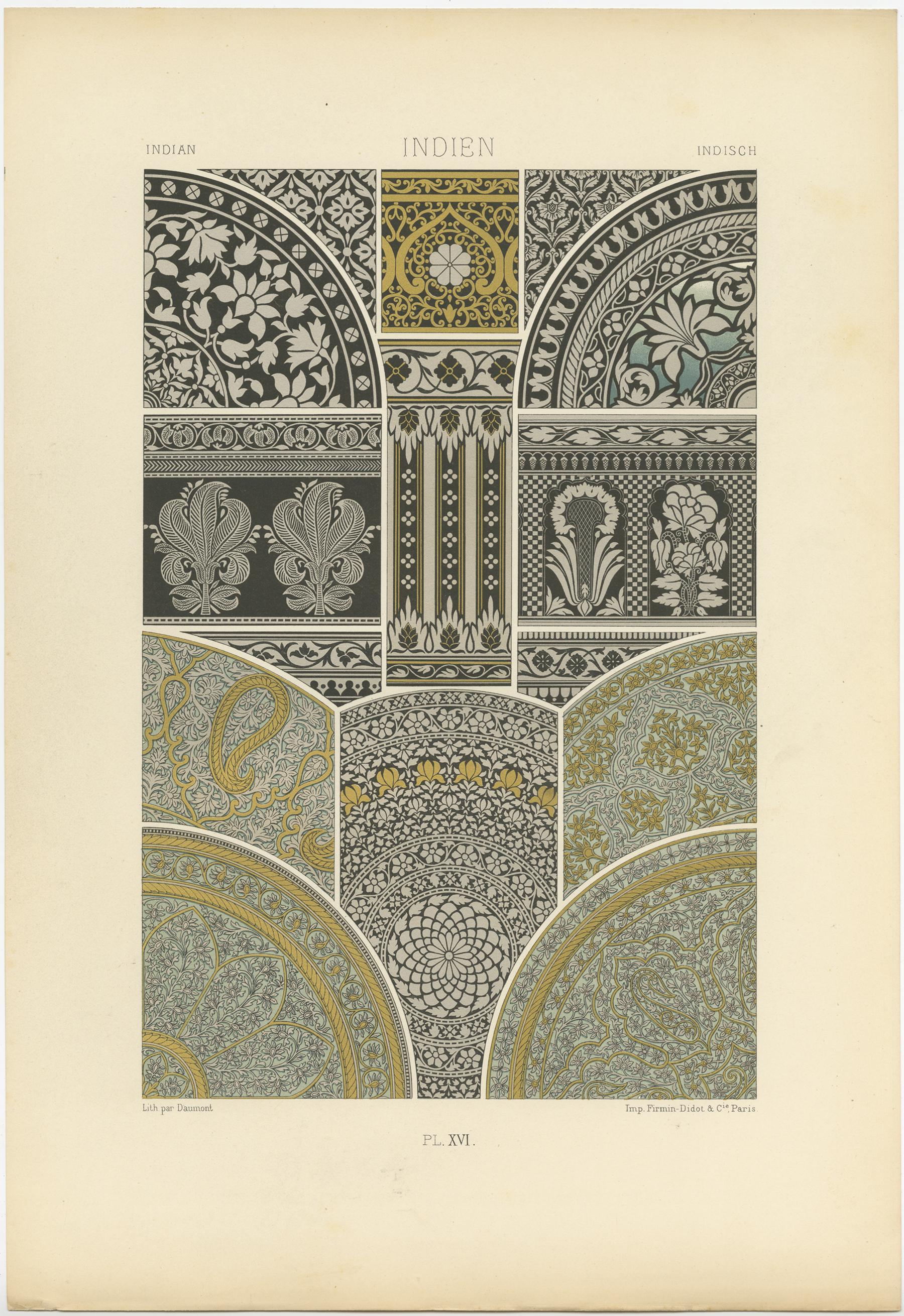 Antique print titled 'Indian - Indien - Indisch'. Chromolithograph of Indian ornaments and decorative arts. This print originates from 'l'Ornement Polychrome' by Auguste Racinet. Published circa 1890.