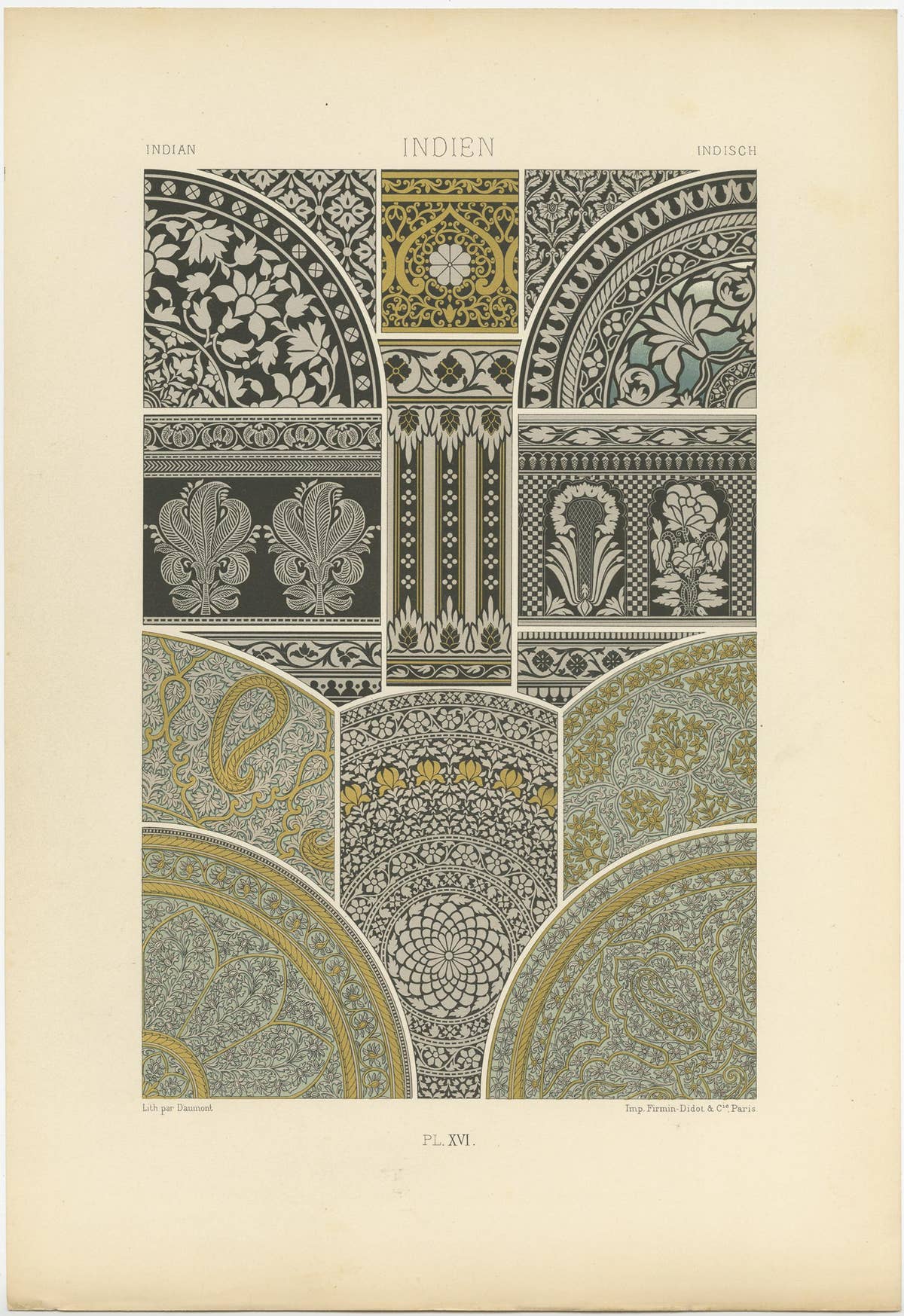Pl. 16 Antique Print of Indian Ornaments by Racinet, circa 1890