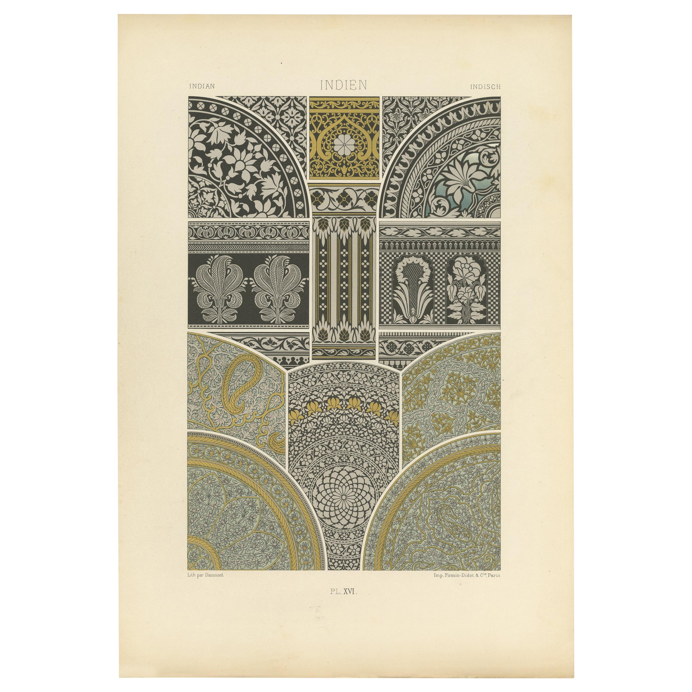 Pl. 16 Antique Print of Indian Ornaments by Racinet, circa 1890 For Sale