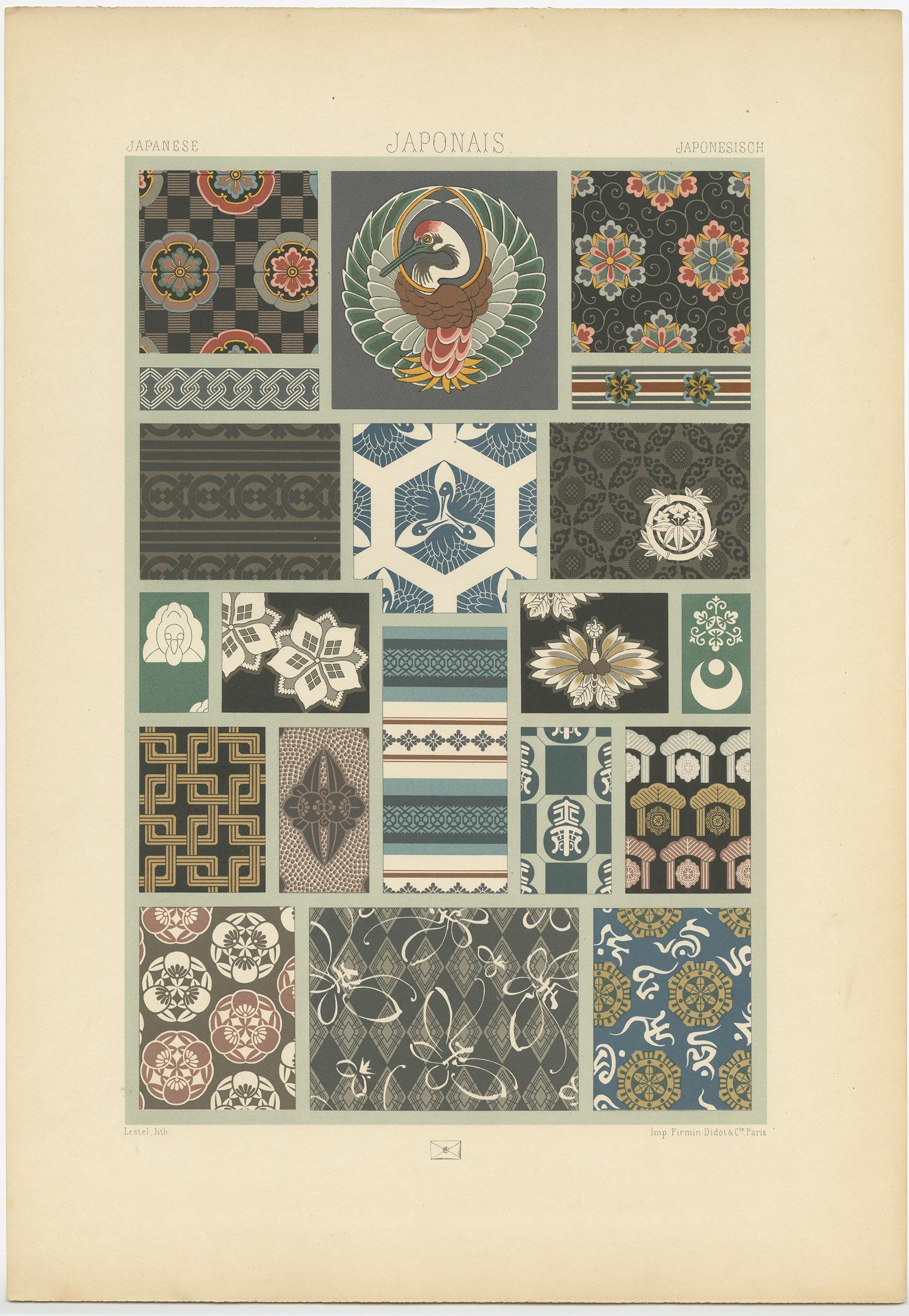 Antique print titled 'Japanese - Japonais - Japonesisch'. Chromolithograph of Japanese motifs from textiles and wallpapers ornaments. This print originates from 'l'Ornement Polychrome' by Auguste Racinet. Published circa 1890.