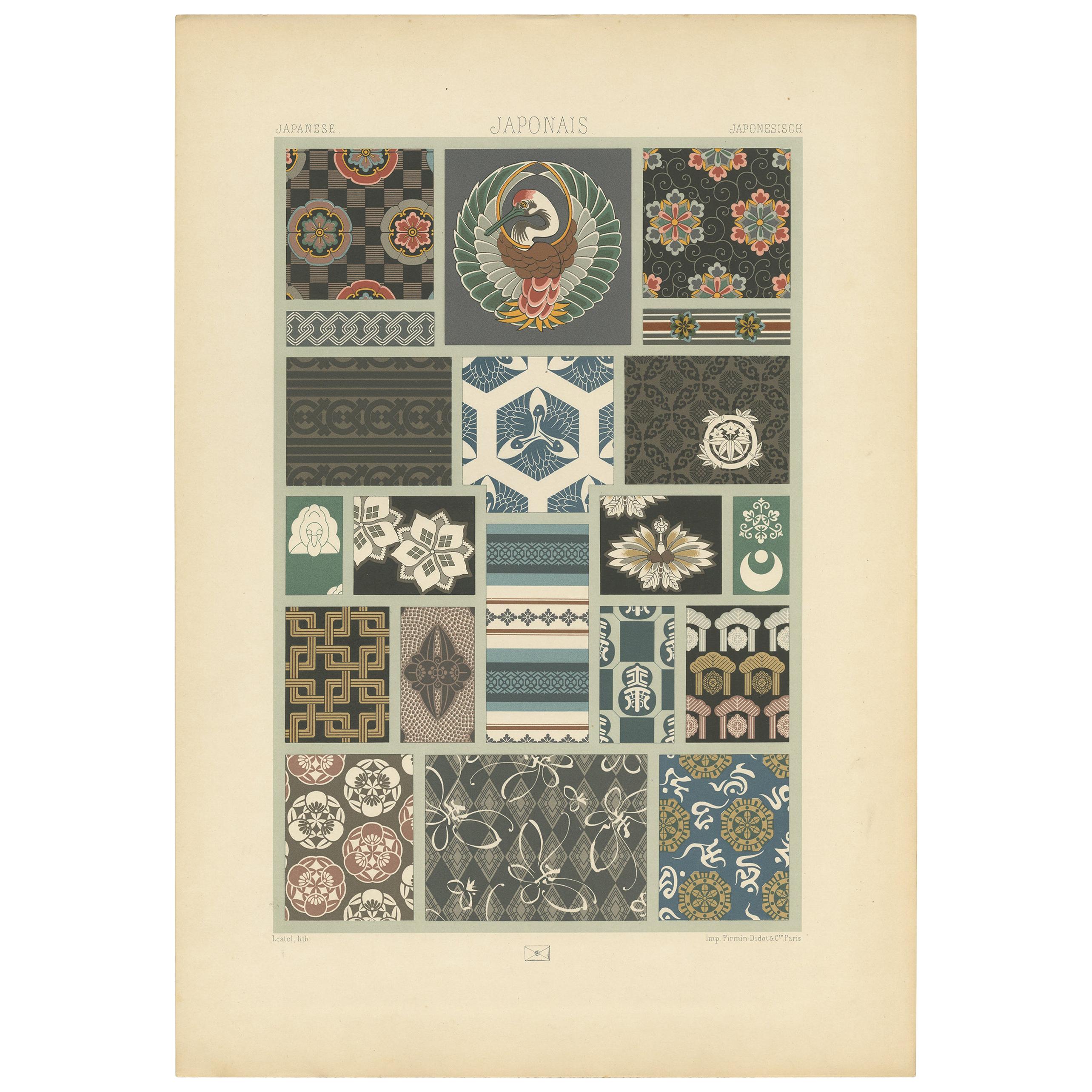 Pl. 16 Antique Print of Japanese Motifs from Textiles by Racinet, 'circa 1890'