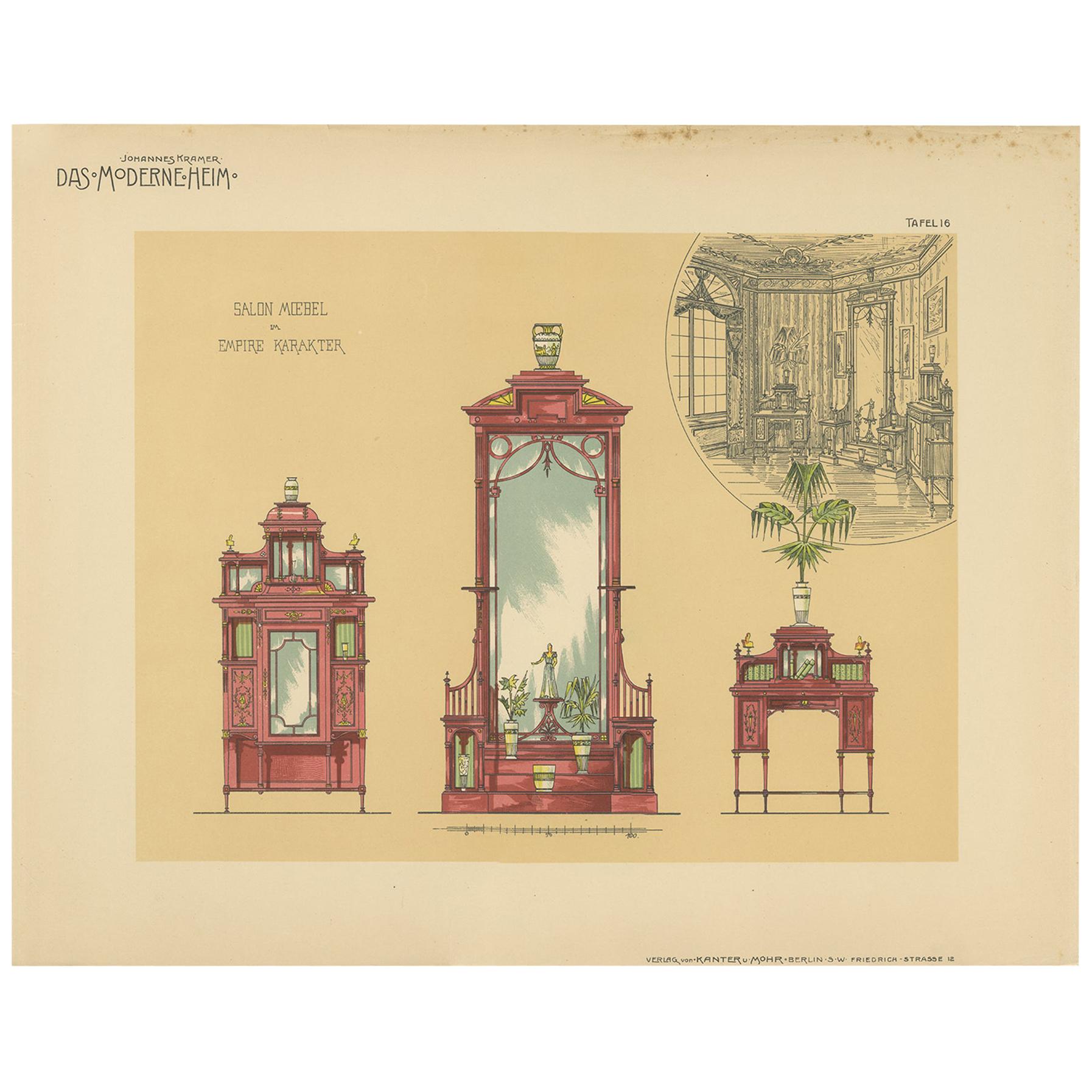 Pl. 16 Antique Print of Salon Furniture by Kramer 'circa 1910' For Sale