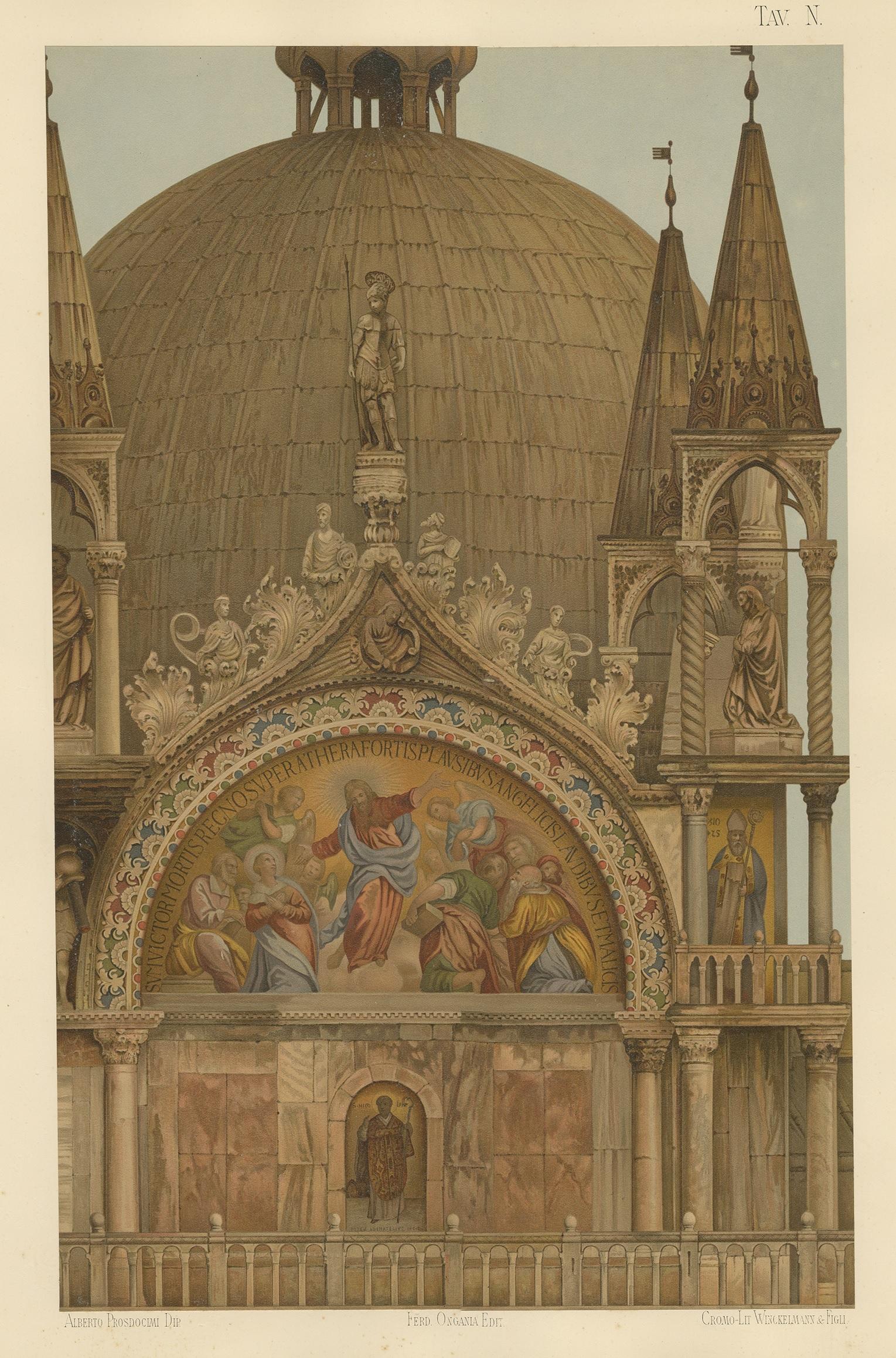 Large chromolithograph of the portal of the Zen Chapel of the Basilica of San Marco, Venice, Italy. This print originates from 'Basilica di San Marco in Venezia' by Ferdinando Ongania. Published 1881.