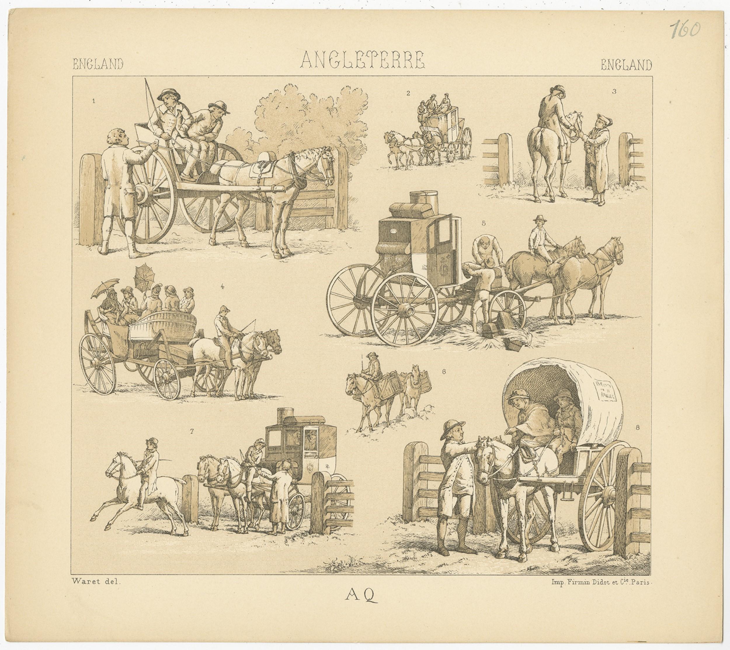 Grabado antiguo titulado 'Inglaterra - Angleterre - England'. Cromolitografía de caballos y carruajes ingleses. Este grabado procede de 