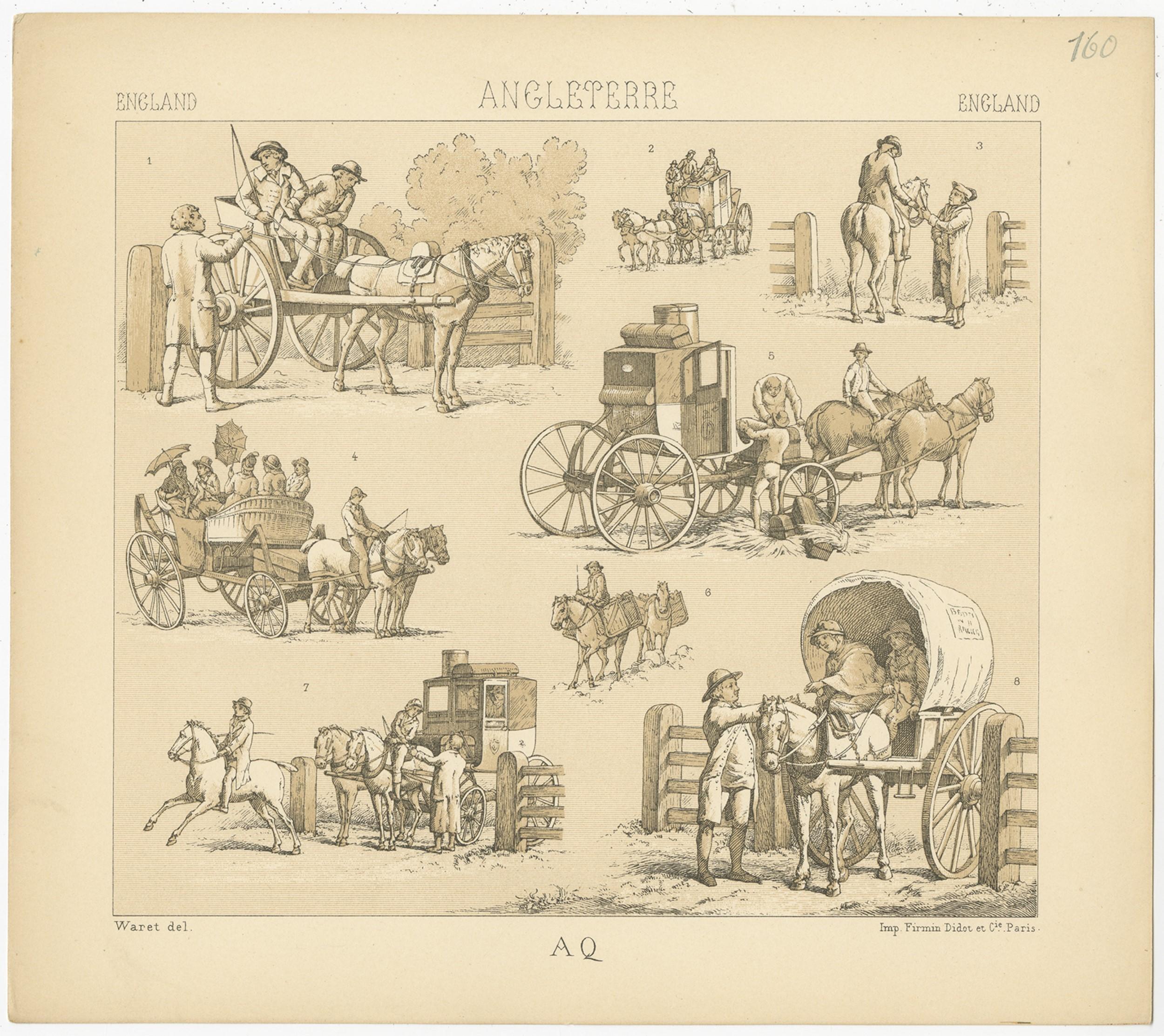 Antique print titled 'England - Angleterre - England'. Chromolithograph of English Horses and Carriages. This print originates from 'Le Costume Historique' by M.A. Racinet. Published, circa 1880.
 
 