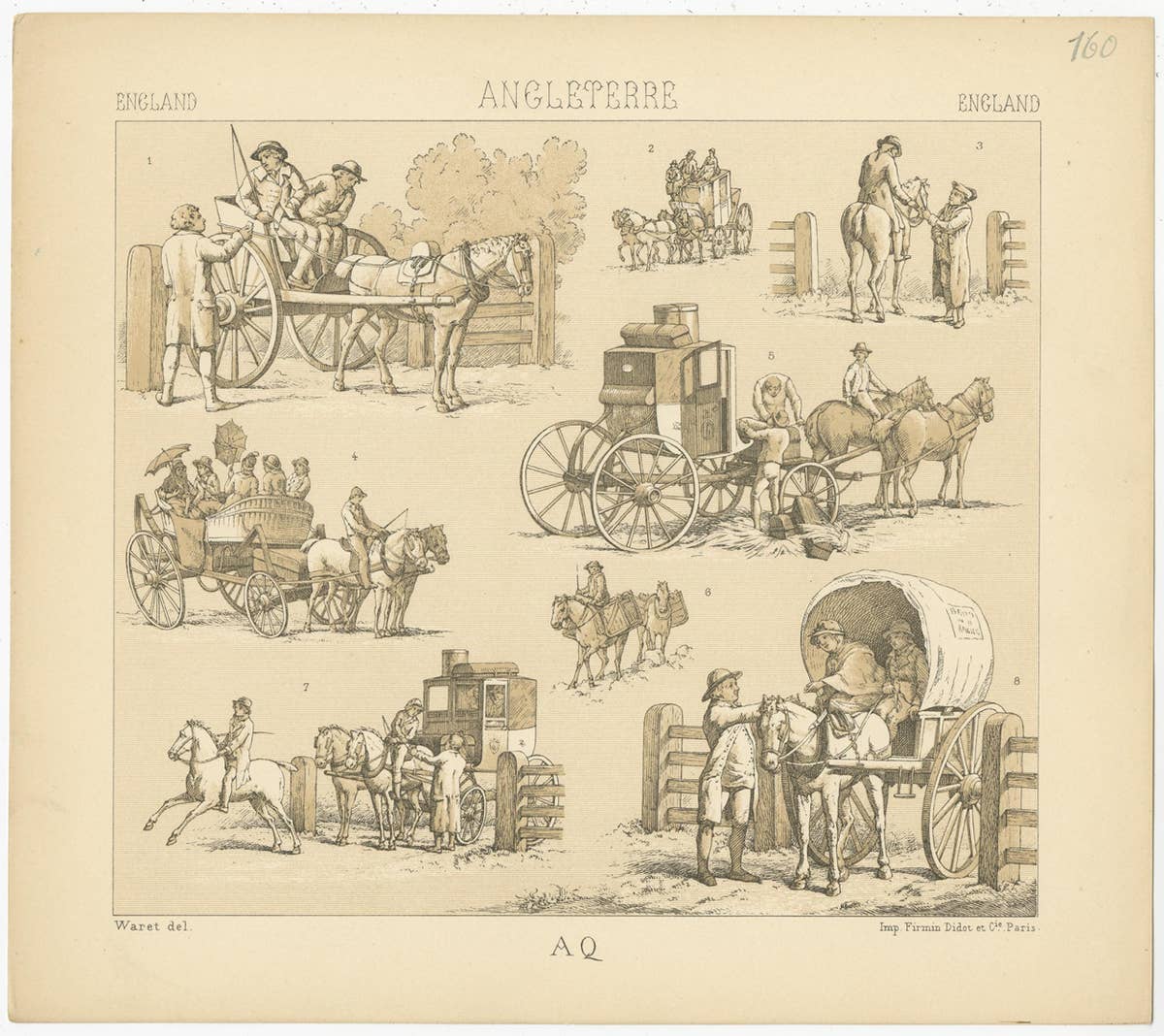 Pl. 160 Antique Print of English Horses and Carriages by Racinet, 'circa 1880'
