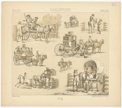 Pl. 160 Antiker Druck englischer Pferde und Kutschen von Racinet, um 1880