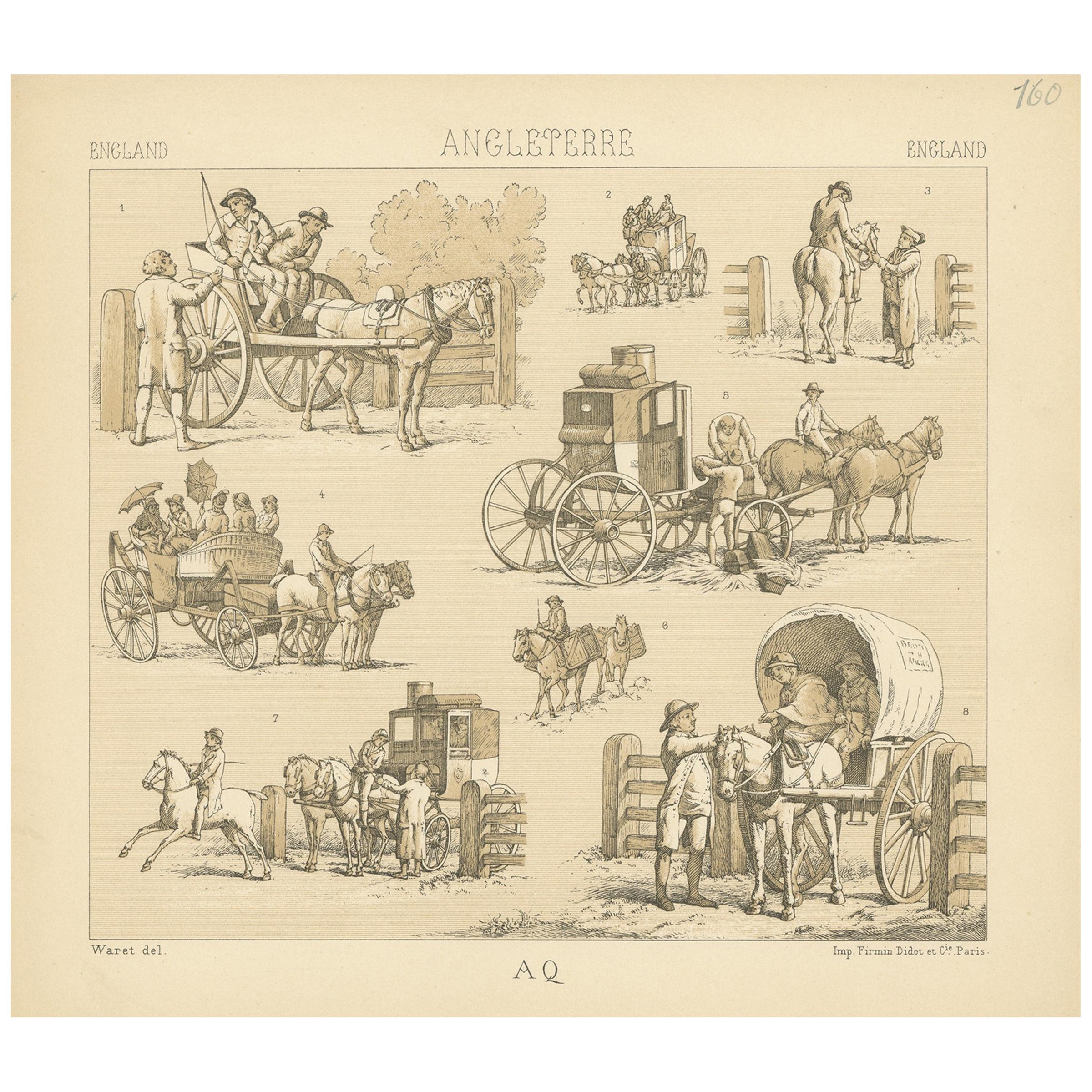 Pl. 160 Antique Print of English Horses and Carriages by Racinet, 'circa 1880' For Sale