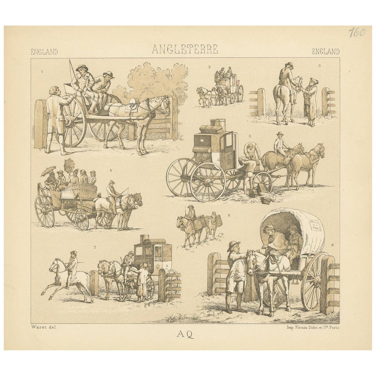 Pl. 160 Antique Print of English Horses and Carriages by Racinet, 'circa 1880'