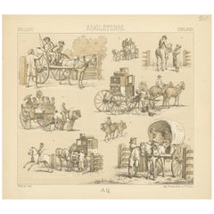 Pl. 160 Antiker Druck englischer Pferde und Kutschen von Racinet, um 1880