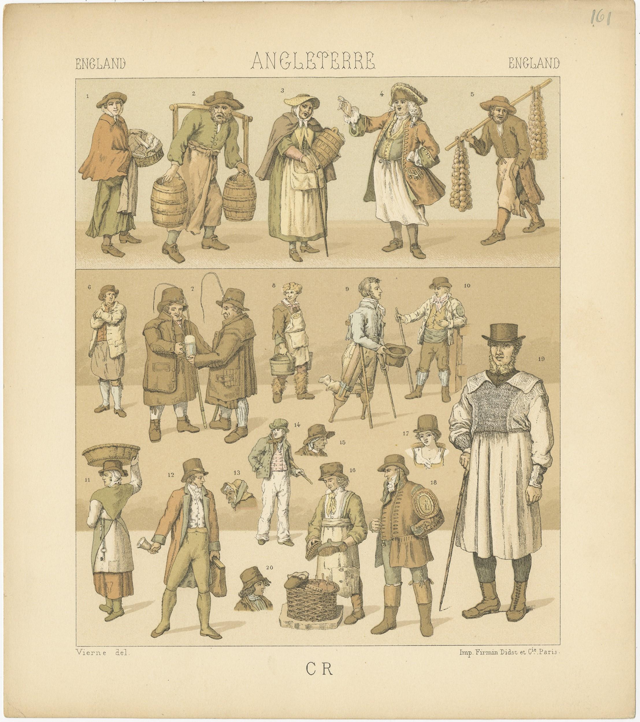 Antique print titled 'England - Angleterre - England'. Chromolithograph of English Outfits. This print originates from 'Le Costume Historique' by M.A. Racinet. Published, circa 1880.
 
   