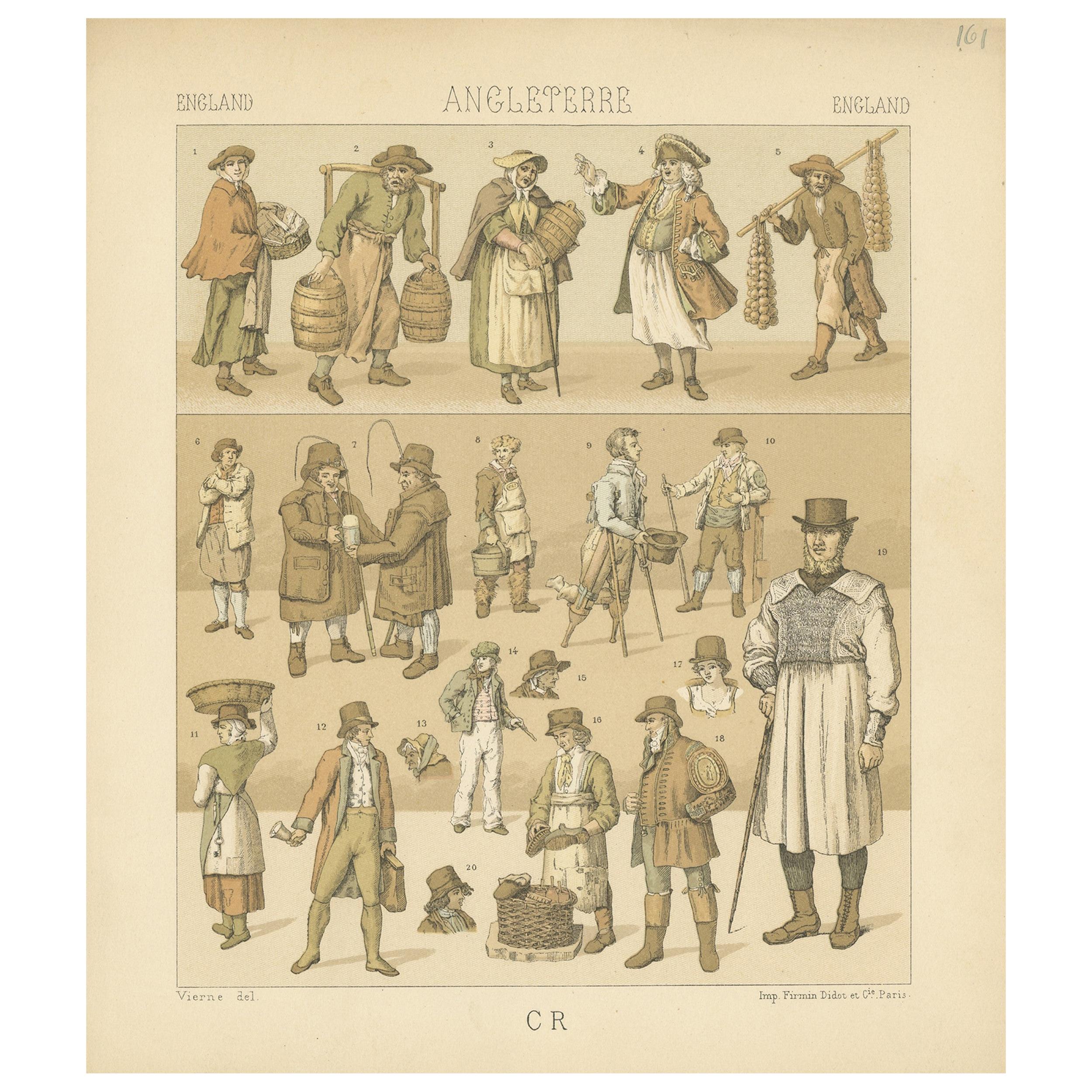 Pl. 161 Antique Print of English Outfits by Racinet, 'circa 1880' For Sale