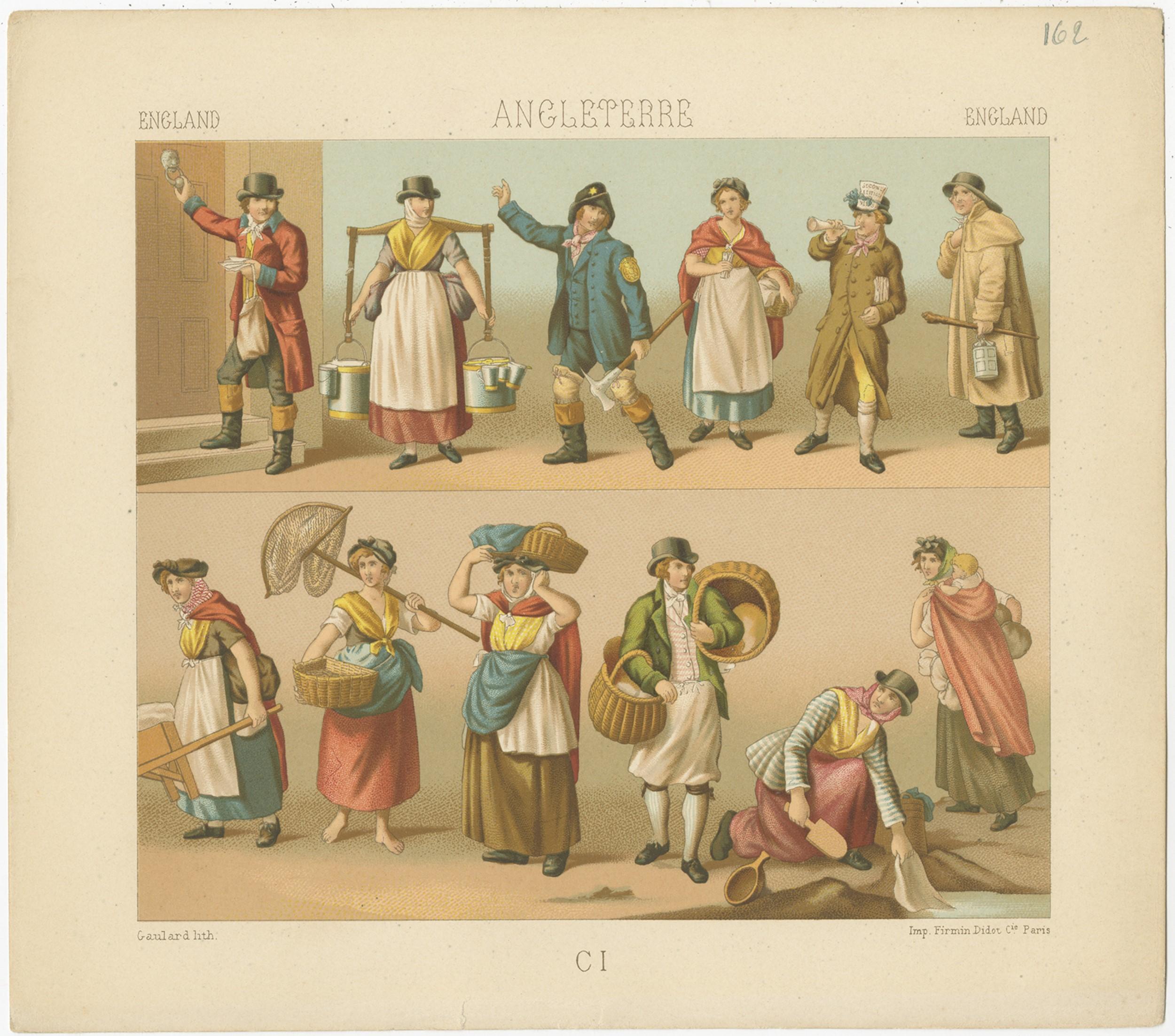Antique print titled 'England - Angleterre - England'. Chromolithograph of English Outfits. This print originates from 'Le Costume Historique' by M.A. Racinet. Published, circa 1880.
 
 