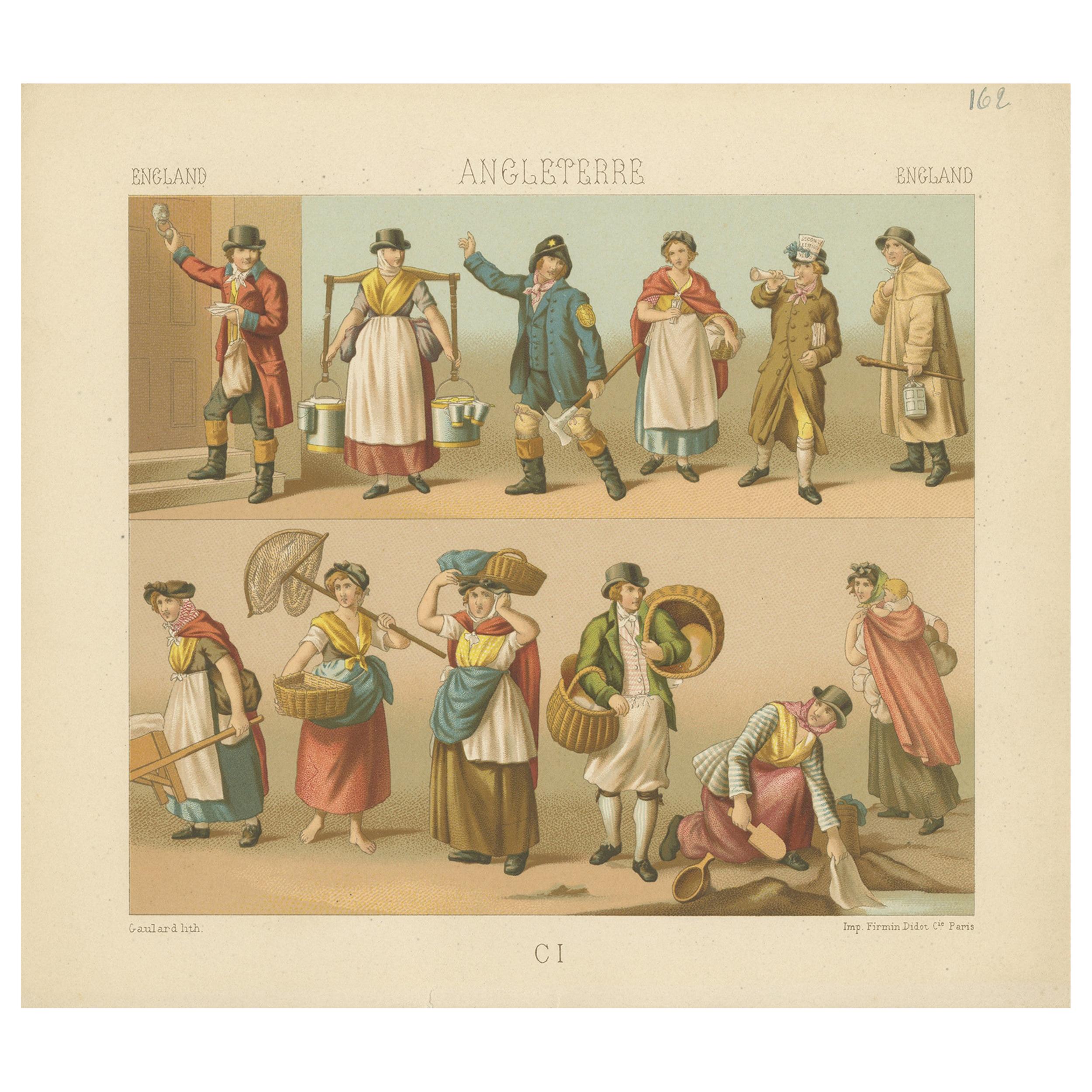 Gravure ancienne de tenues anglaises, par CIRCA, "circa 1880". en vente