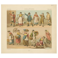 Estampa antigua de trajes ingleses de Racinet, 'circa 1880'