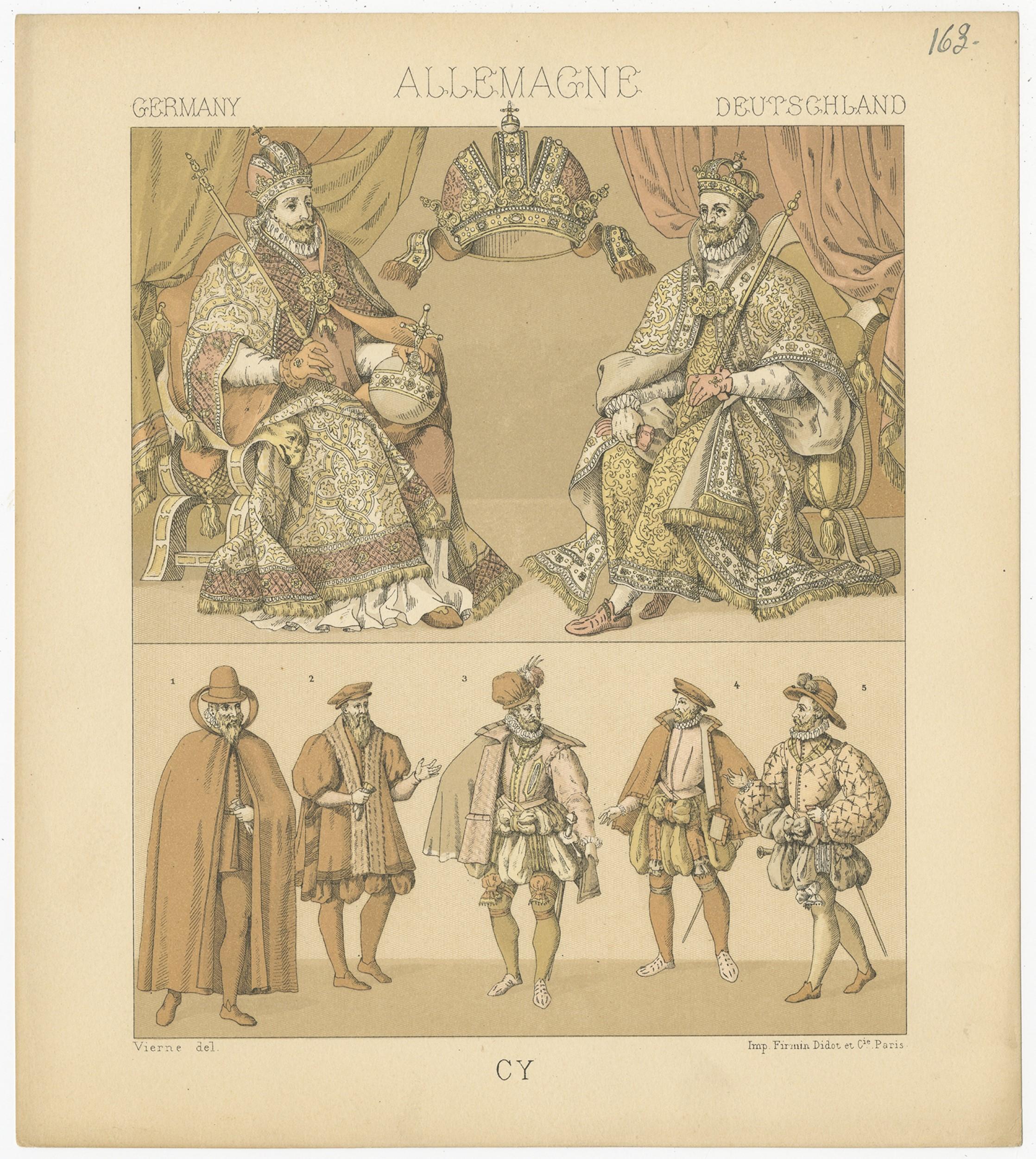 Antique print titled 'Germany - Allemagne - Deutschland'. Chromolithograph of German Royalty Outfits. This print originates from 'Le Costume Historique' by M.A. Racinet. Published, circa 1880.
 
 